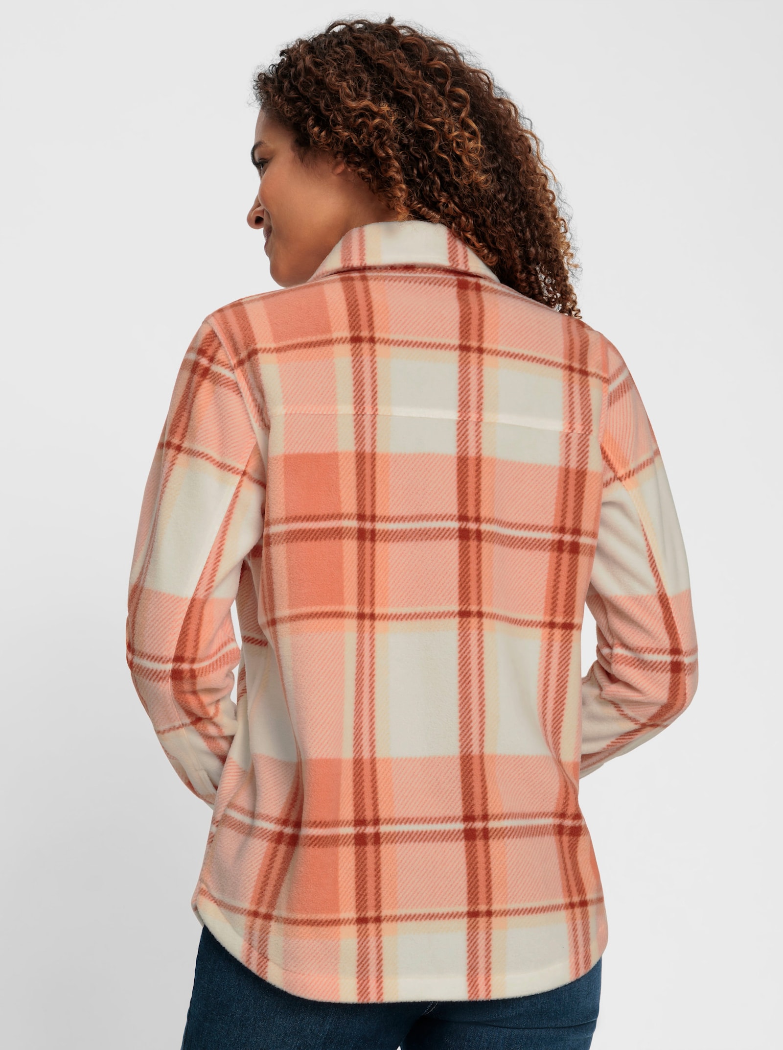 Fleecejacke mit Knöpfen in Horn-Optik - champagner-papaya-kariert