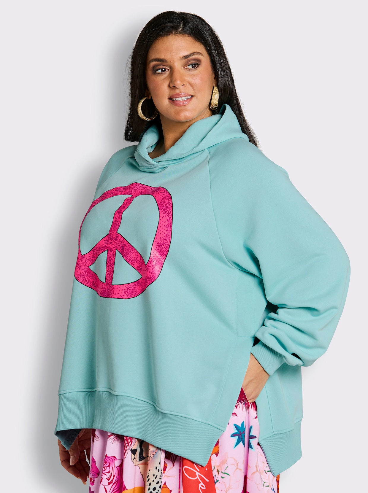 sheego loves miss goodlife Kapuzensweatshirt mit Neon-Print vorn - royalblau-pink-bedruckt