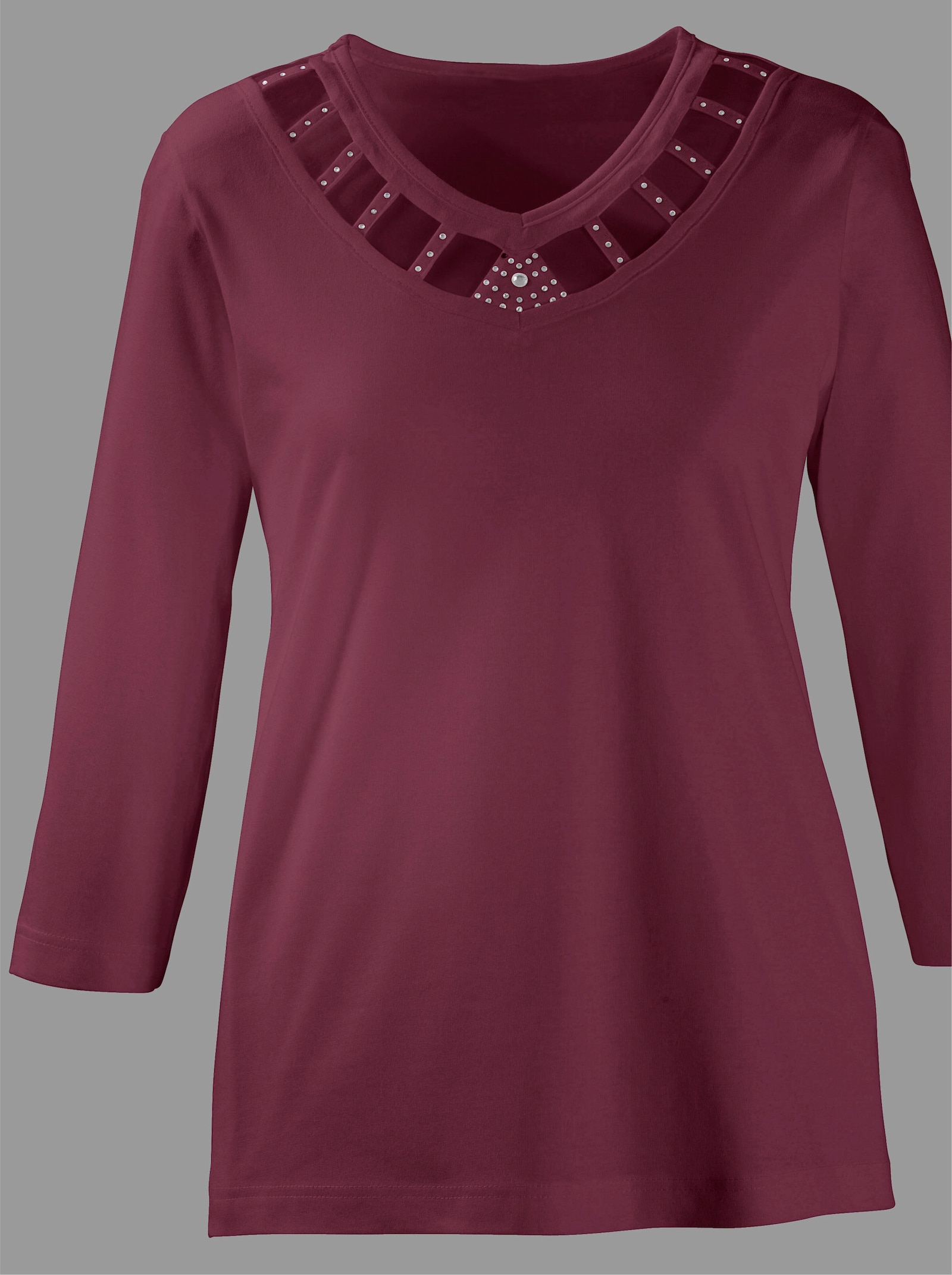 Shirt met 3/4-mouwen en glittersteentjes bij de hals - wijnrood