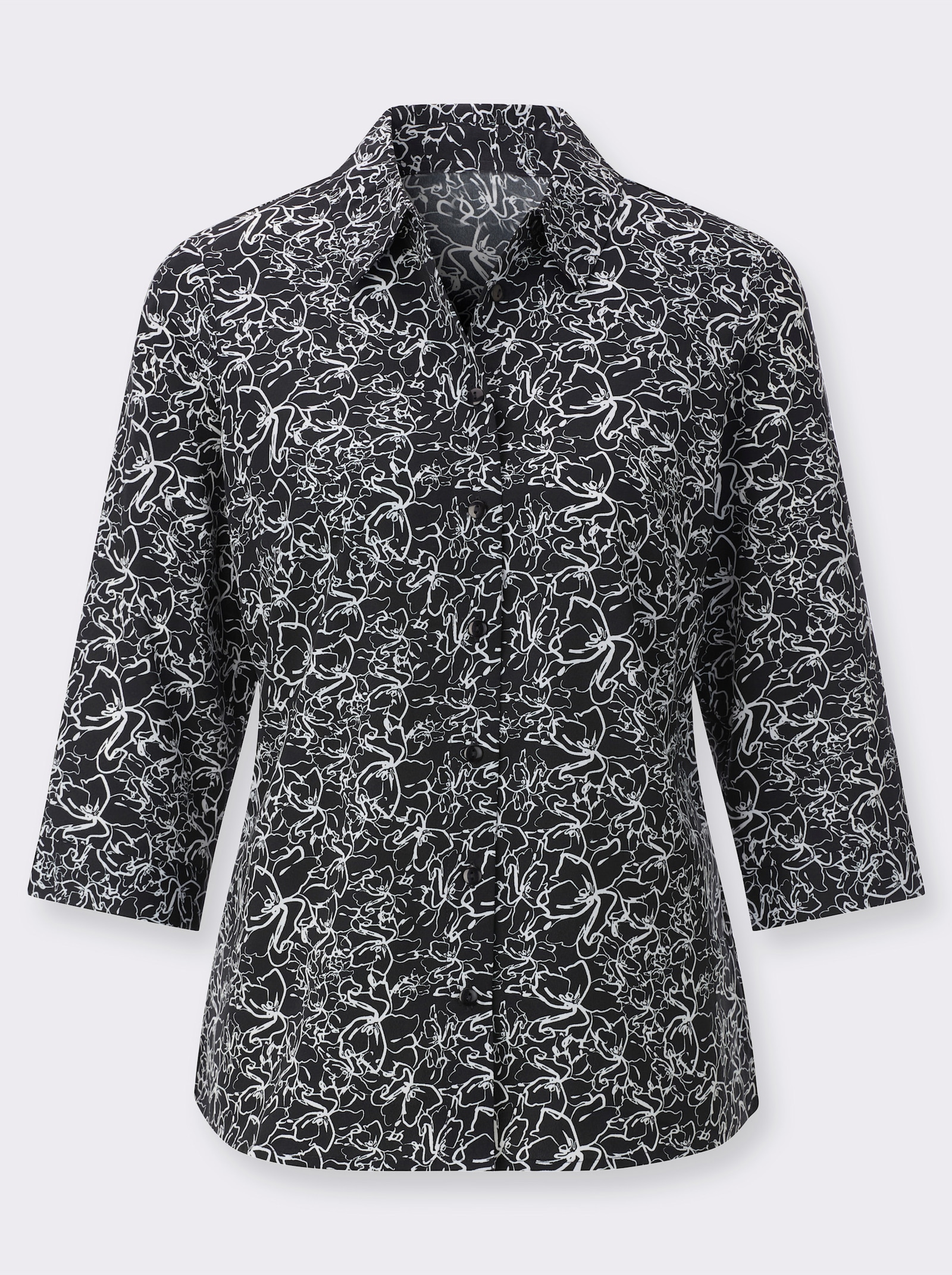 Hemdbluse im Blütendessin - schwarz-weiss-bedruckt