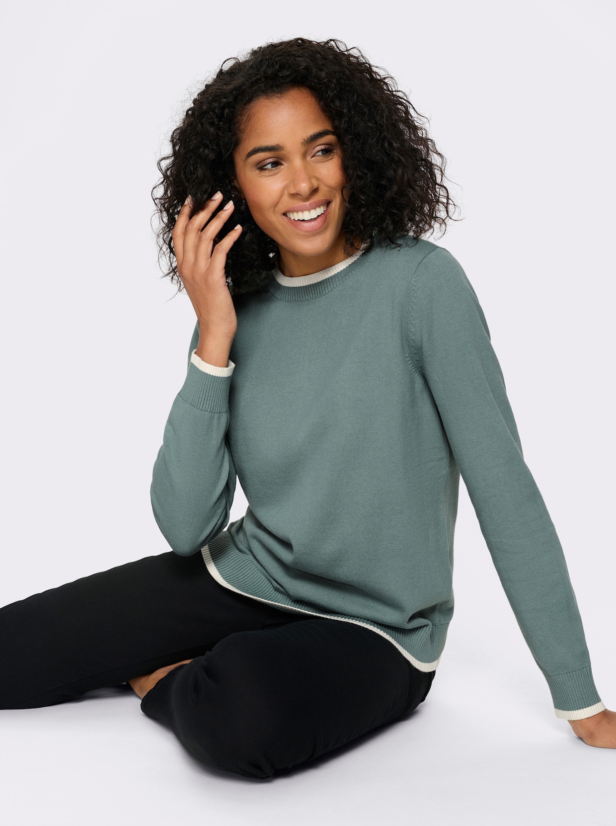 Langarm-Pullover in Baumwoll-Qualität - jade-ecru