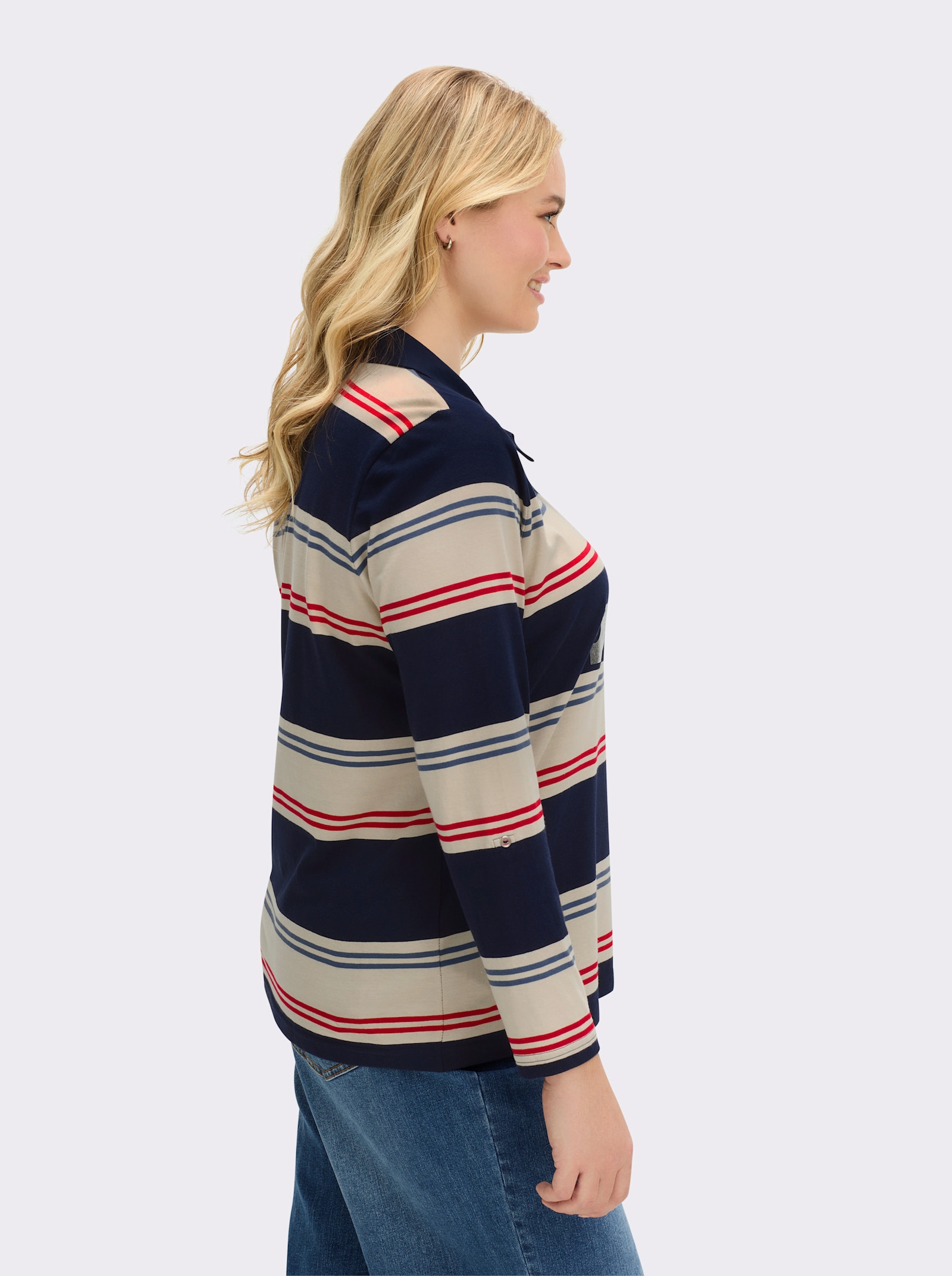 Ringelshirt mit Glitzersteinchen - sand-marine-geringelt