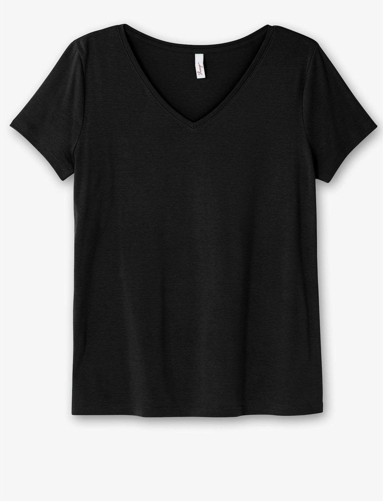 sheego T-Shirt mit V-Ausschnitt, Rippqualität - schwarz
