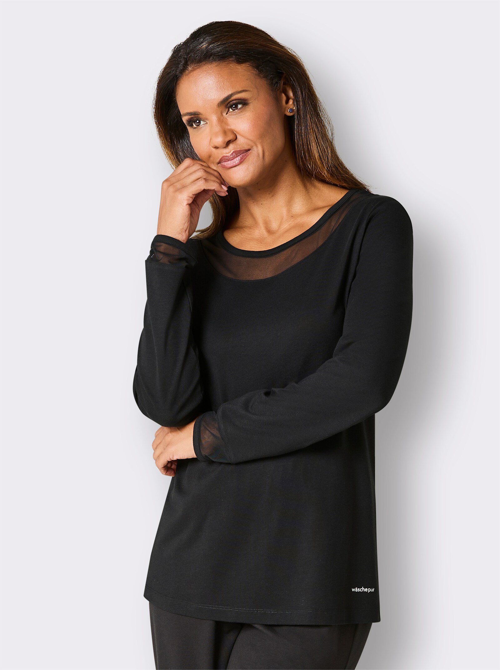 wäschepur Schlafanzugshirt mit Mesh-Details - schwarz