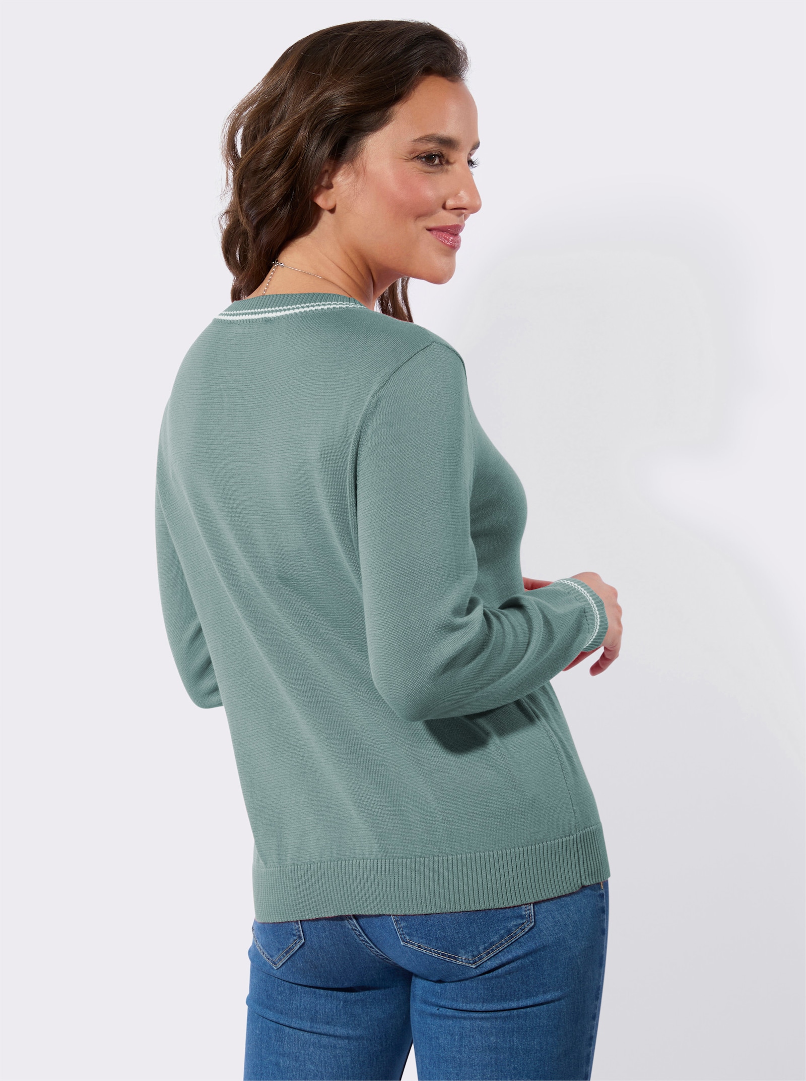 Baumwollpullover mit Kontraststreifen - jade