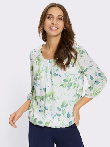 Georgettebluse im Blätter-Dessin - weiß-eucalyptus-bedruckt