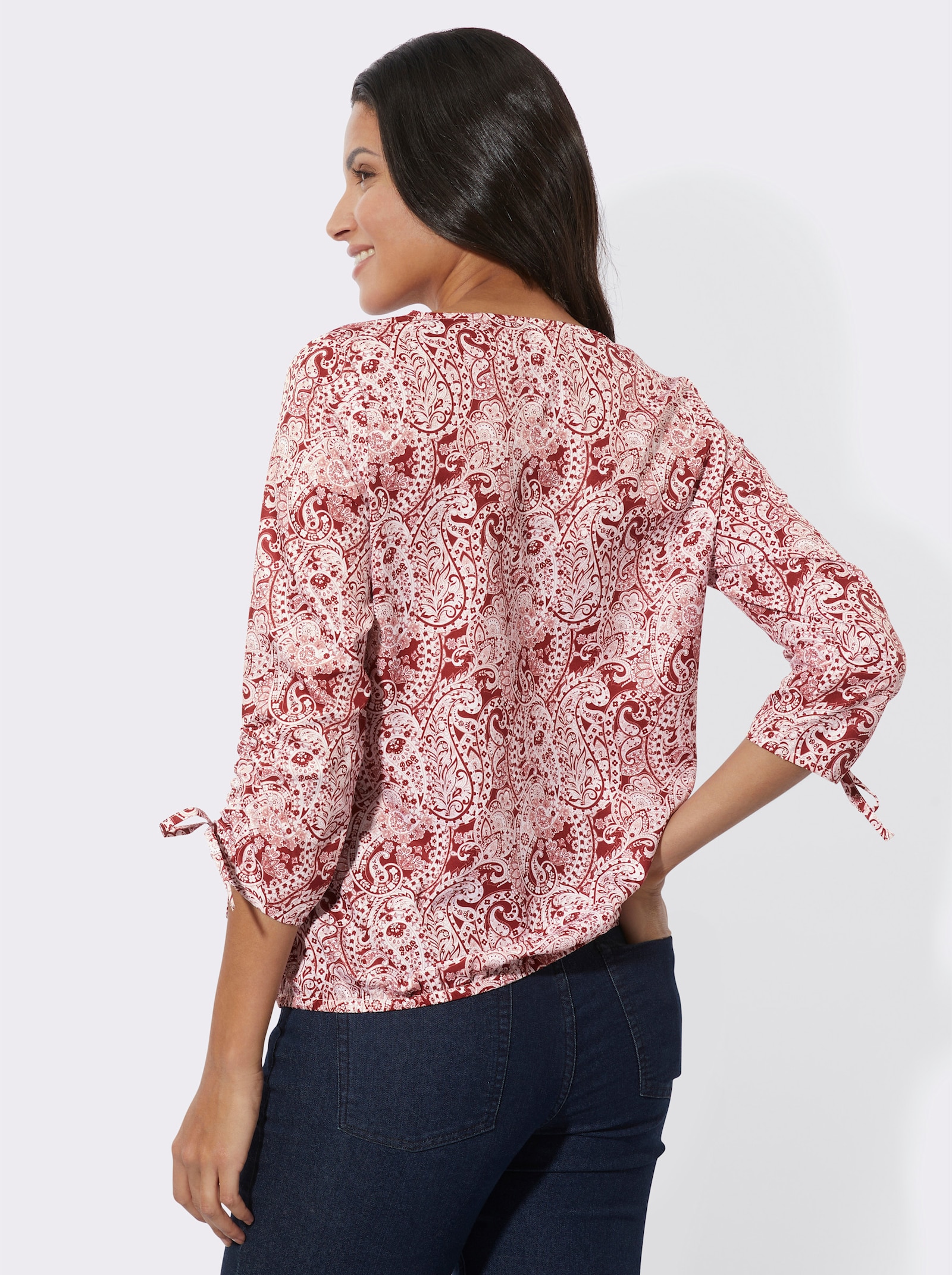 Schlupfbluse mit Crêpe-Struktur - dunkelrot-ecru-bedruckt