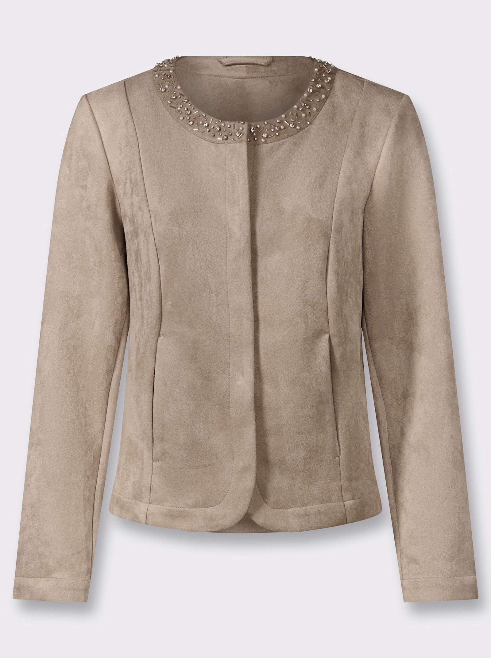Lederimitat-Blazer mit Glitzersteinchen am Ausschnitt - sesam