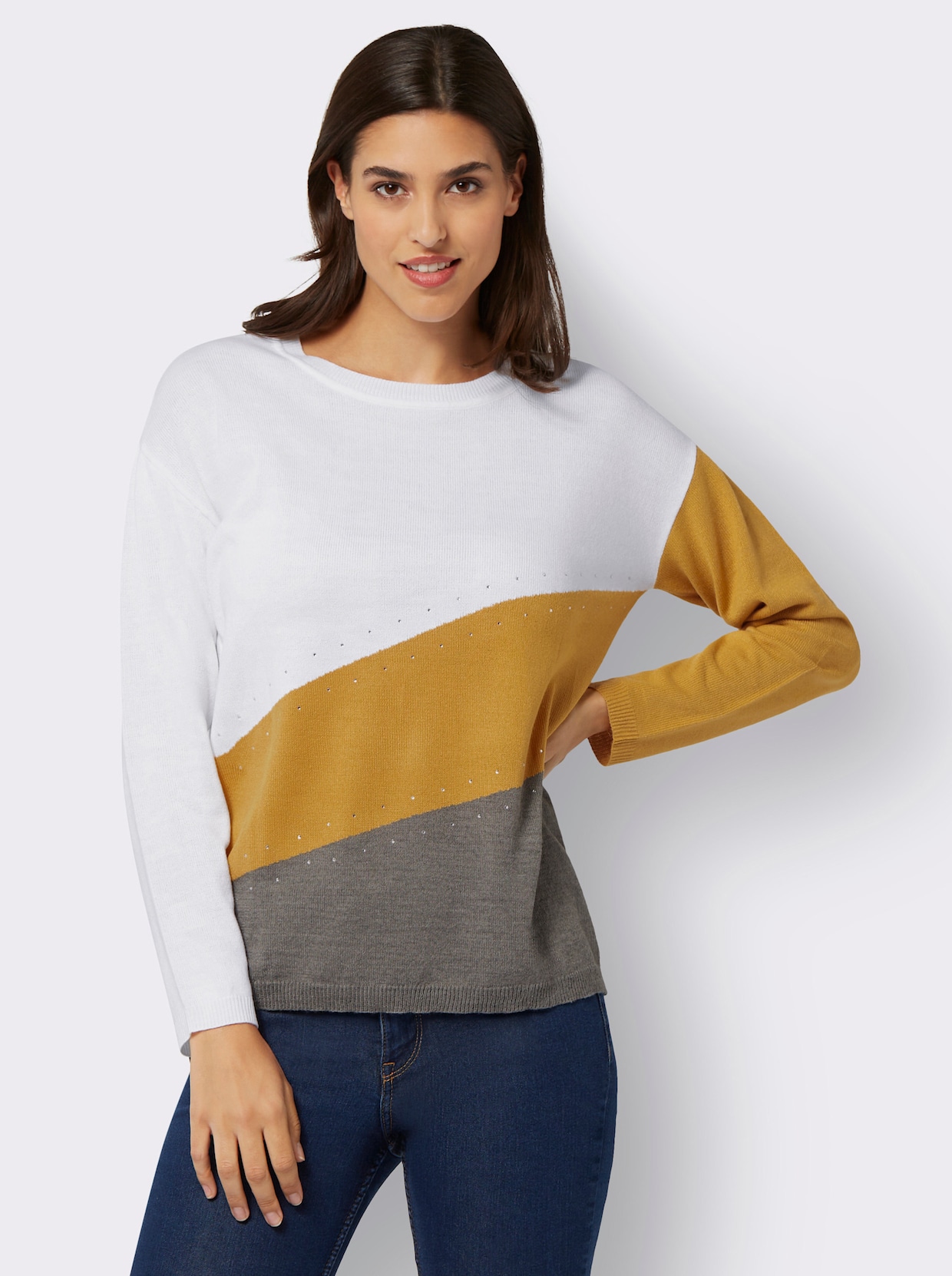 Pullover met ronde hals - oker/ecru gedessineerd