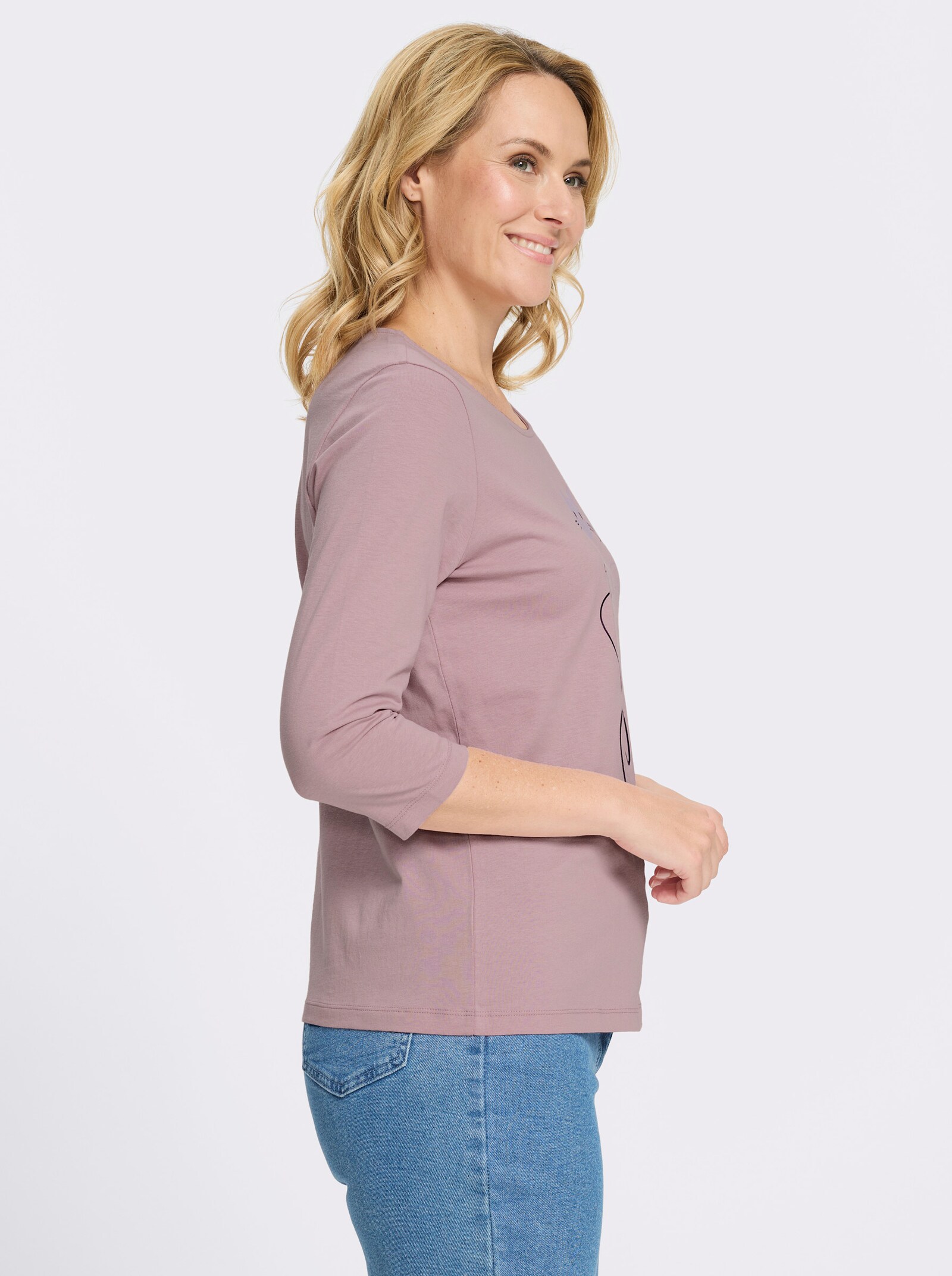 3/4-Arm-Shirt mit Katzen-Druck - mauve-traube-bedruckt