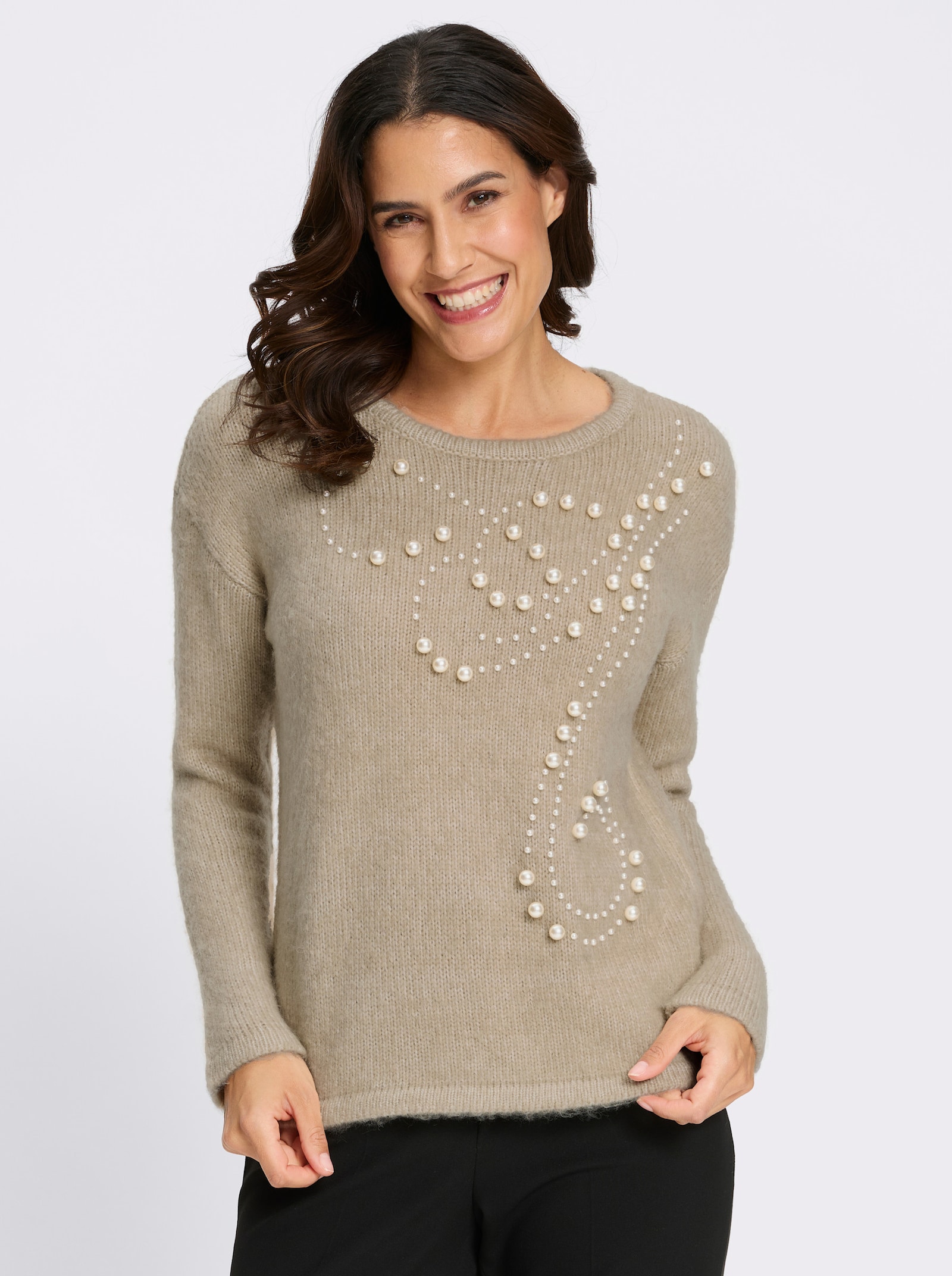 Strickpullover mit Zierperlen-Deko - sand