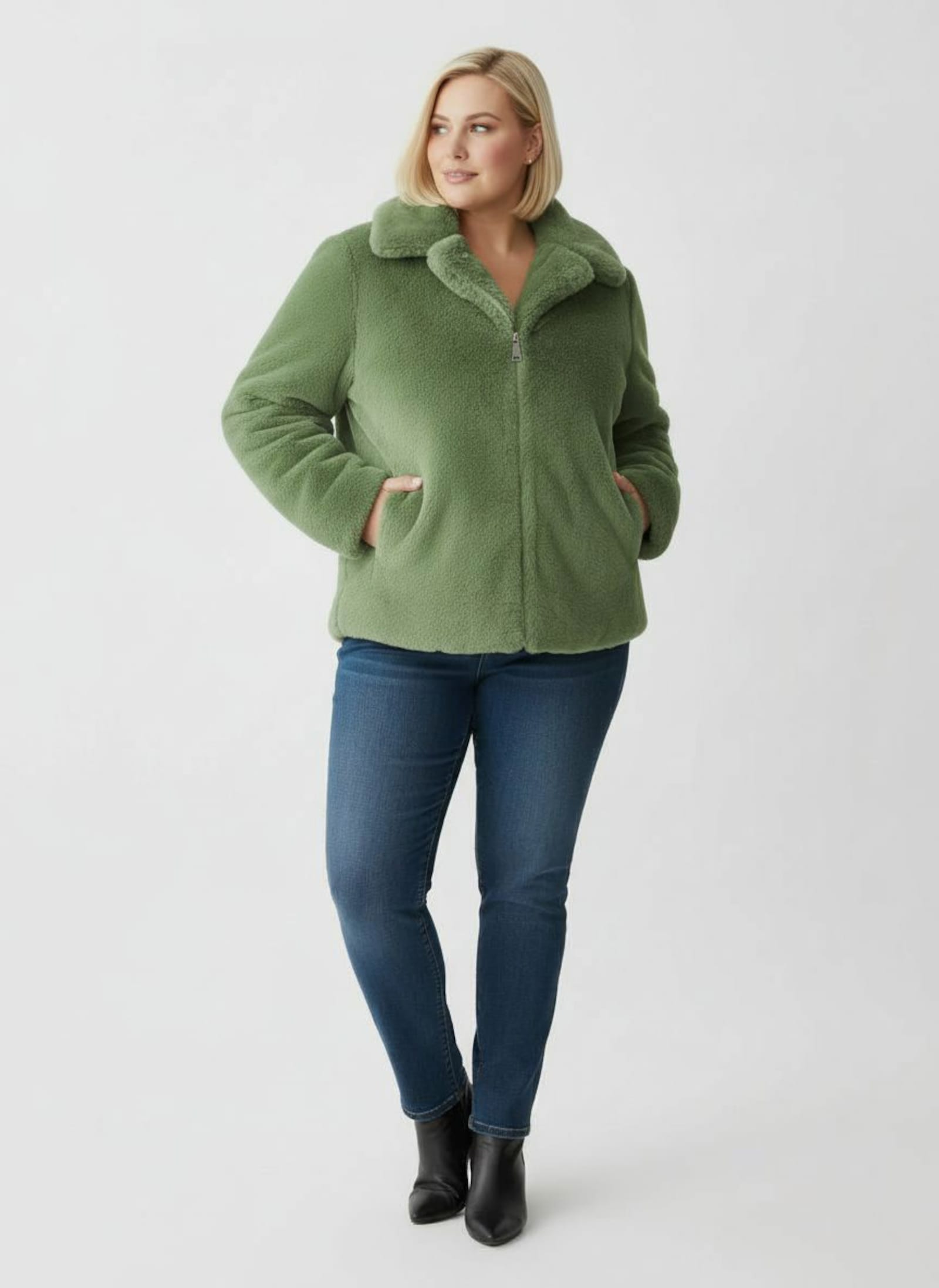 Fellimitatjacke mit Umlegekragen - eucalyptus