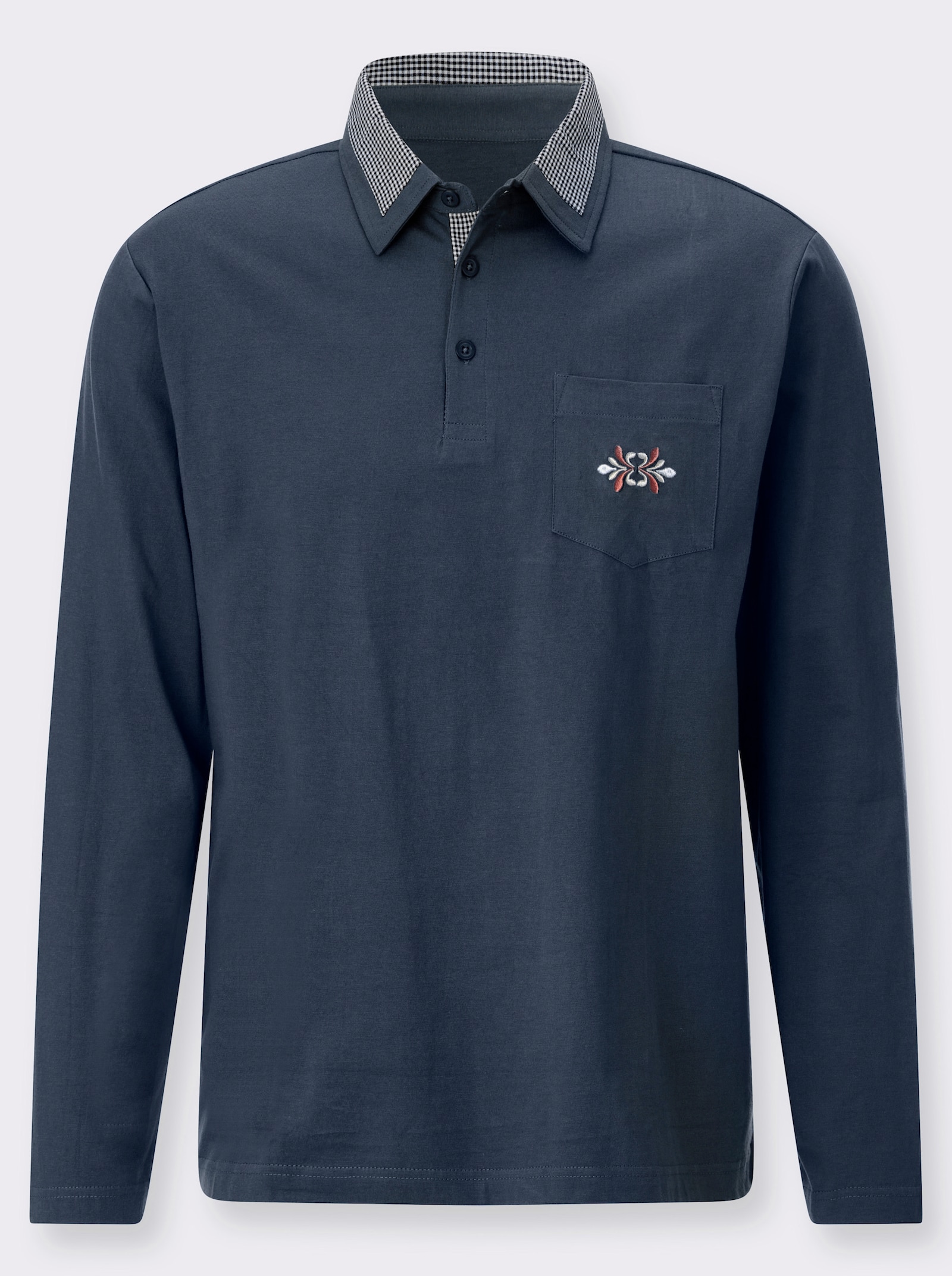 Langarm-Poloshirt mit Webkaro-Details - dunkelblau