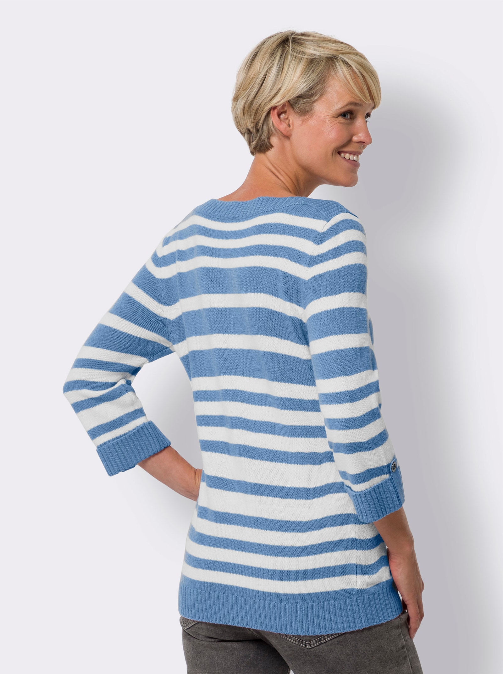 Pullover met 3/4-mouwen en boothals - middelblauw/wit gedessineerd