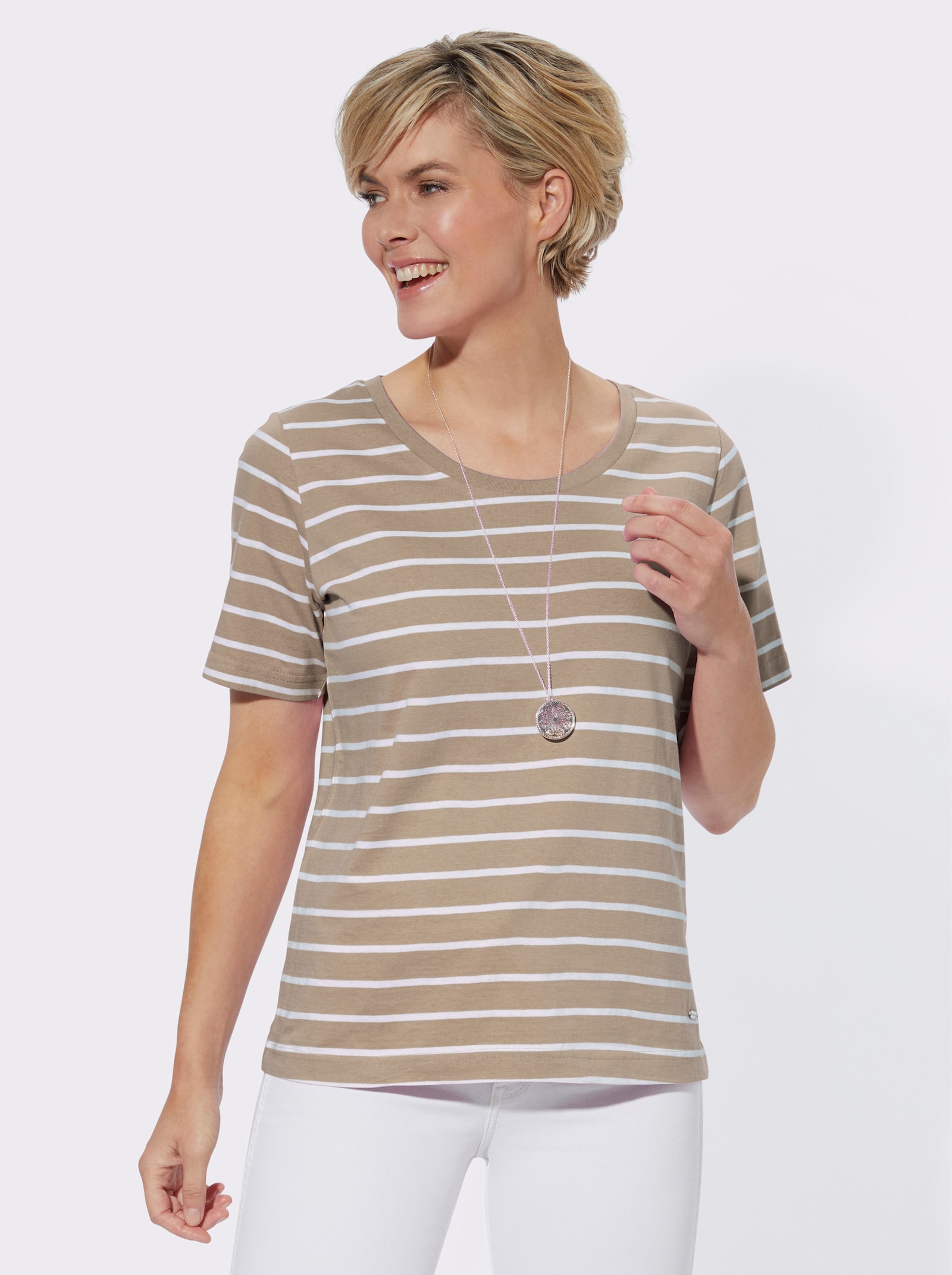 Ringelshirt mit Kurzarm - beige-weiß-geringelt