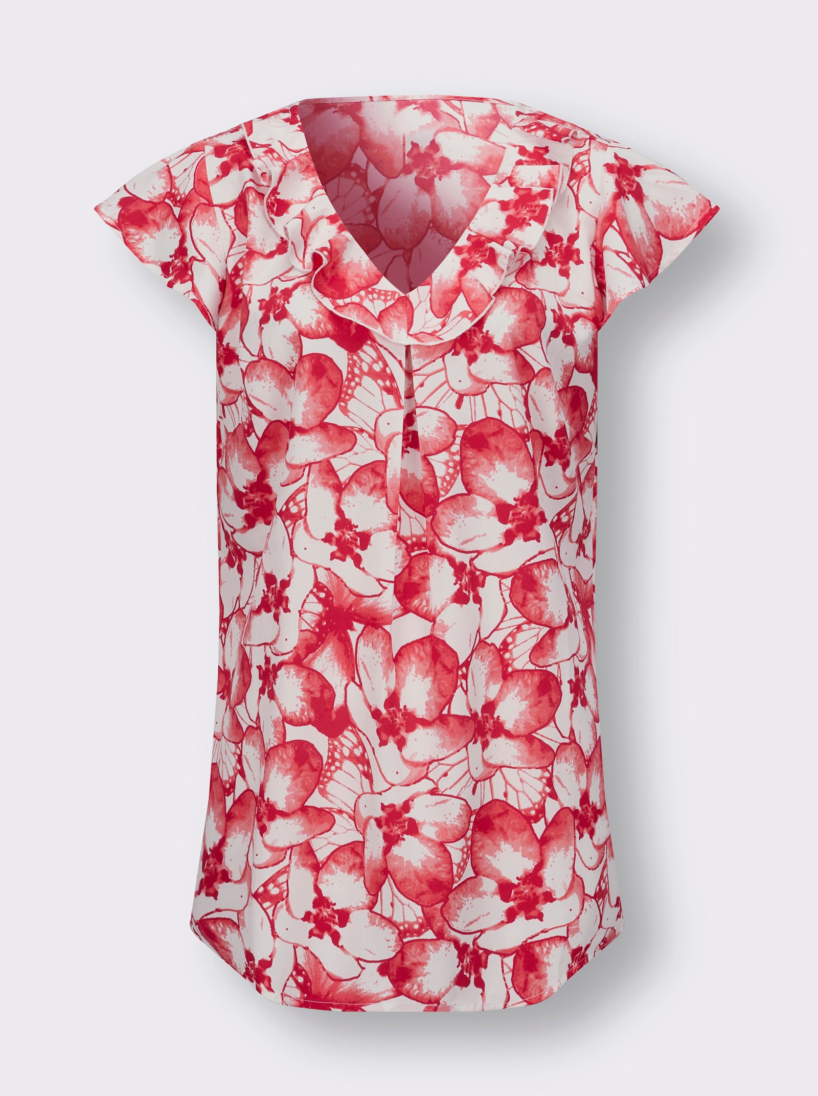 Longbluse mit Volant am V-Ausschnitt - ecru-hummer-bedruckt