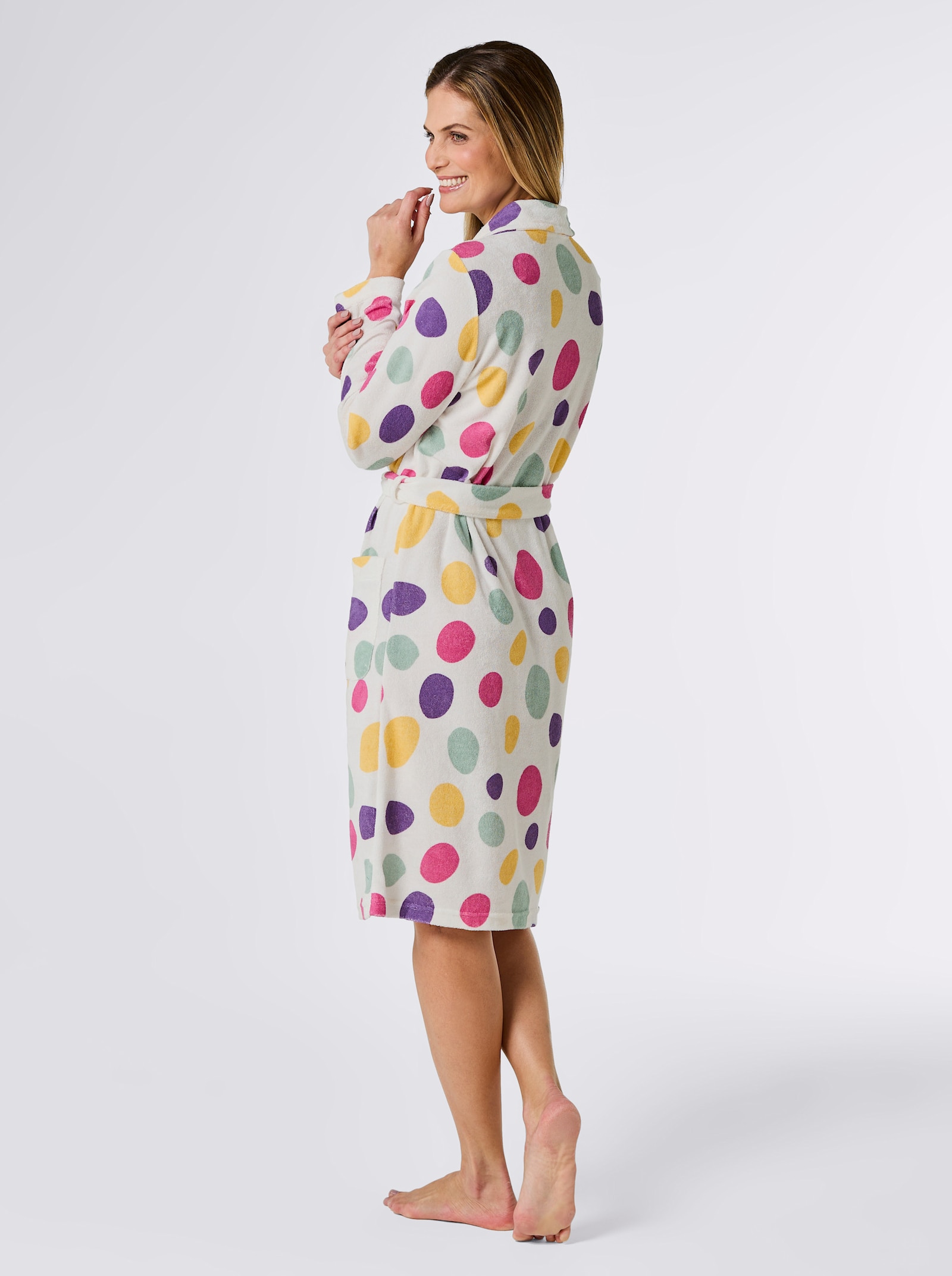 feel good Bademantel - weiß-fuchsia-bedruckt