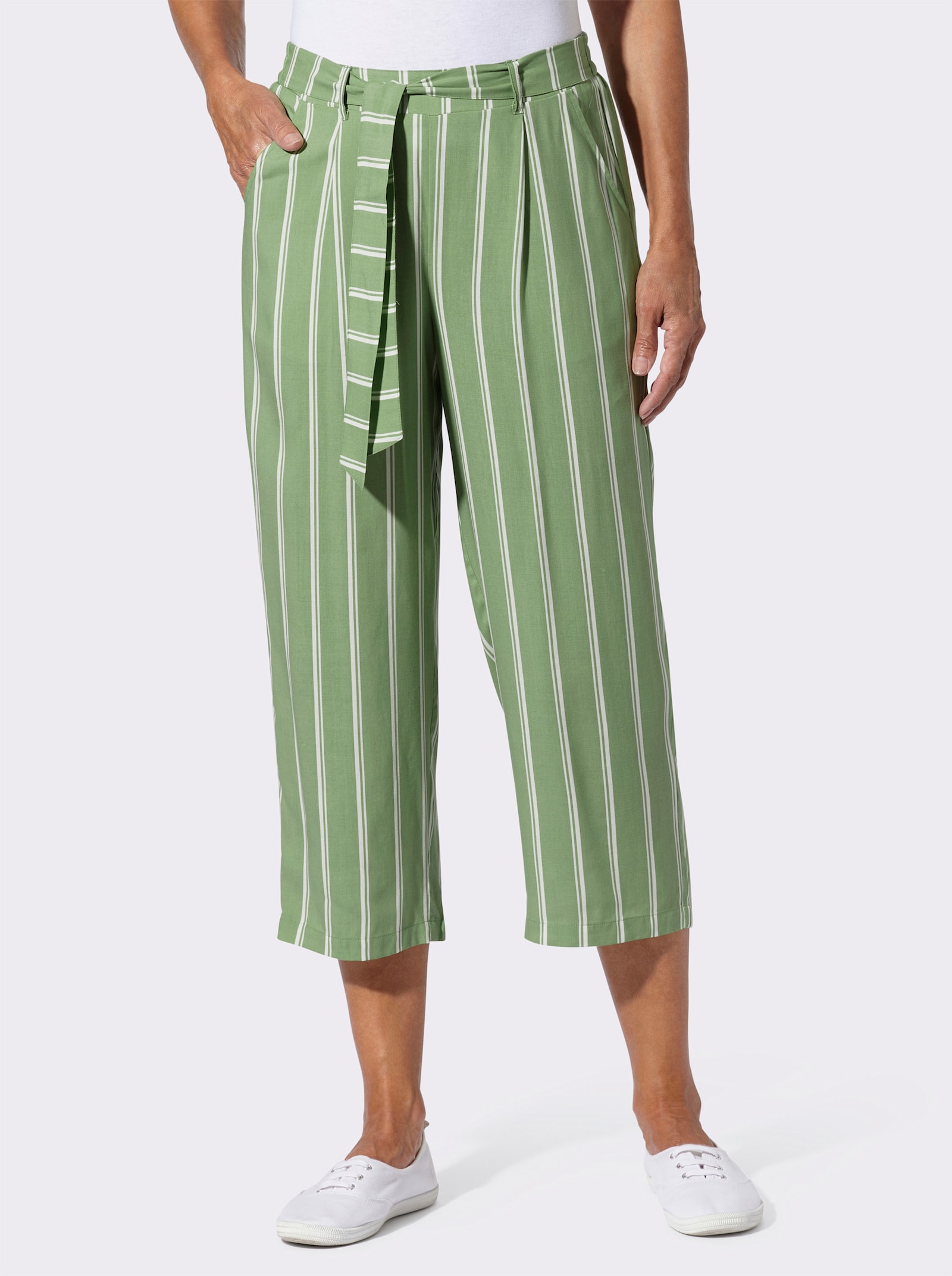 3/4-Hose mit fixiertem Bindegürtel - eucalyptus-ecru-gestreift
