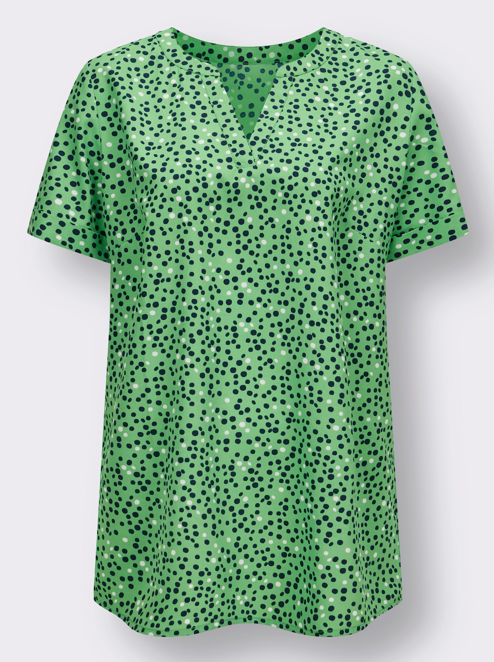 Lange blouse met vaste mouwomslag - appelgroen/marine bedrukt