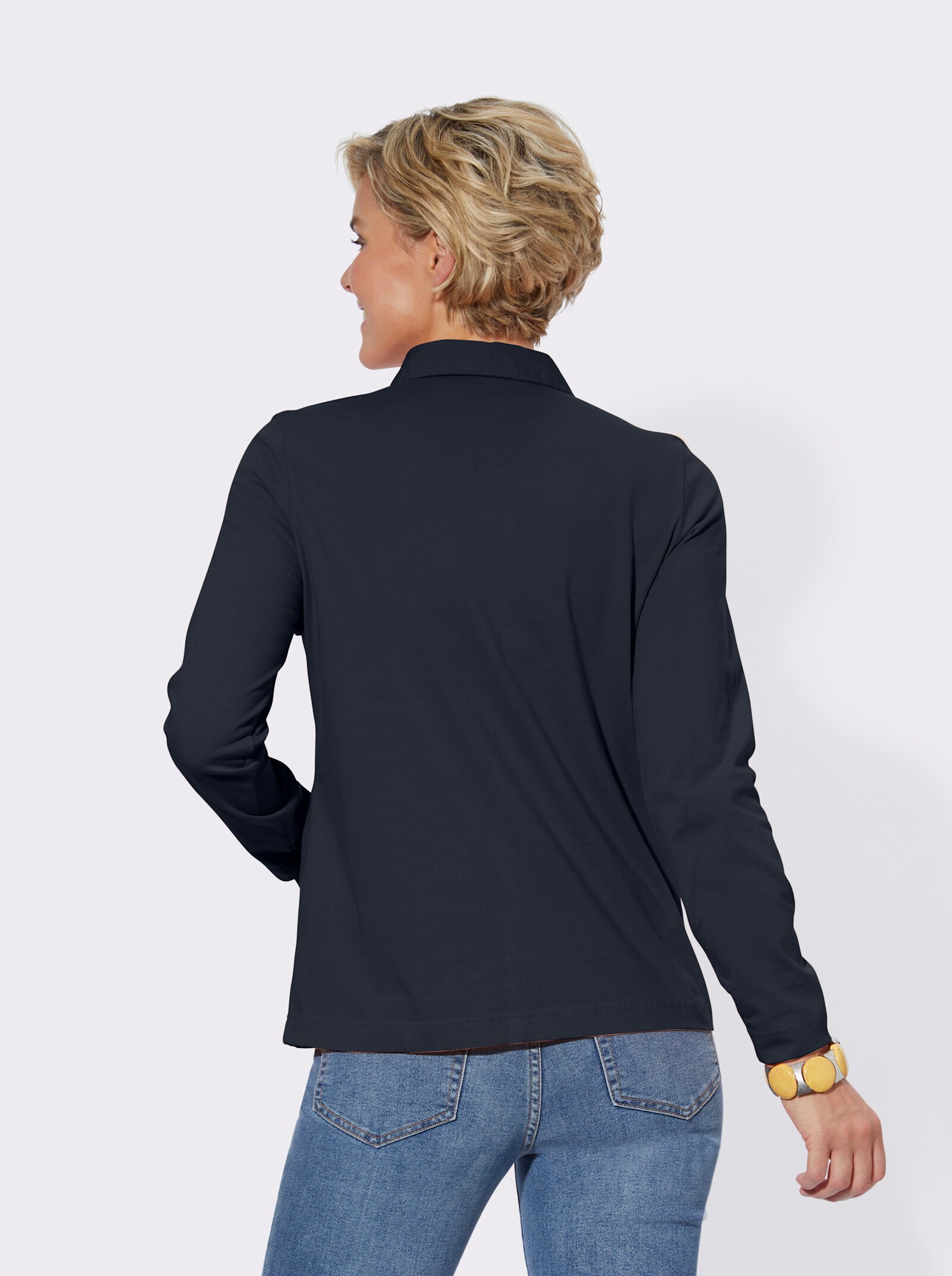 Långärmad pikétröja i rent bomullsmaterial - marin