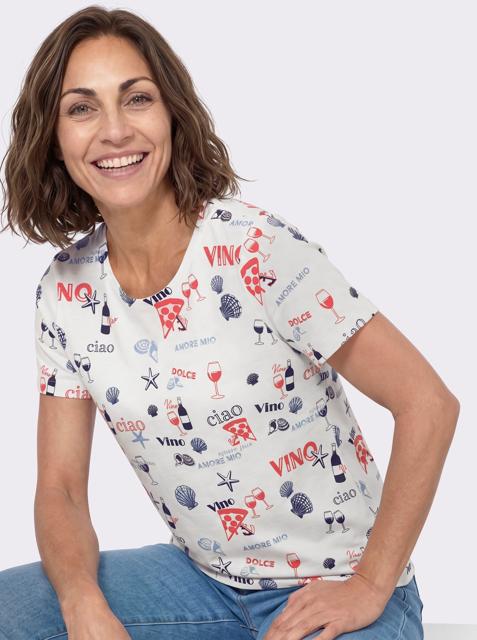 Print-Shirt aus reiner Baumwolle - weiß-erdbeere-bedruckt