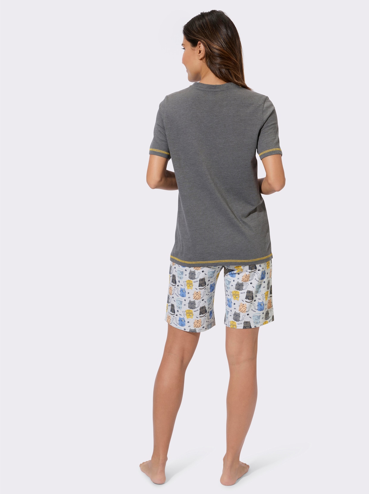 Shorty mit Katzen-Motiv - anthrazit-steingrau-bedruckt