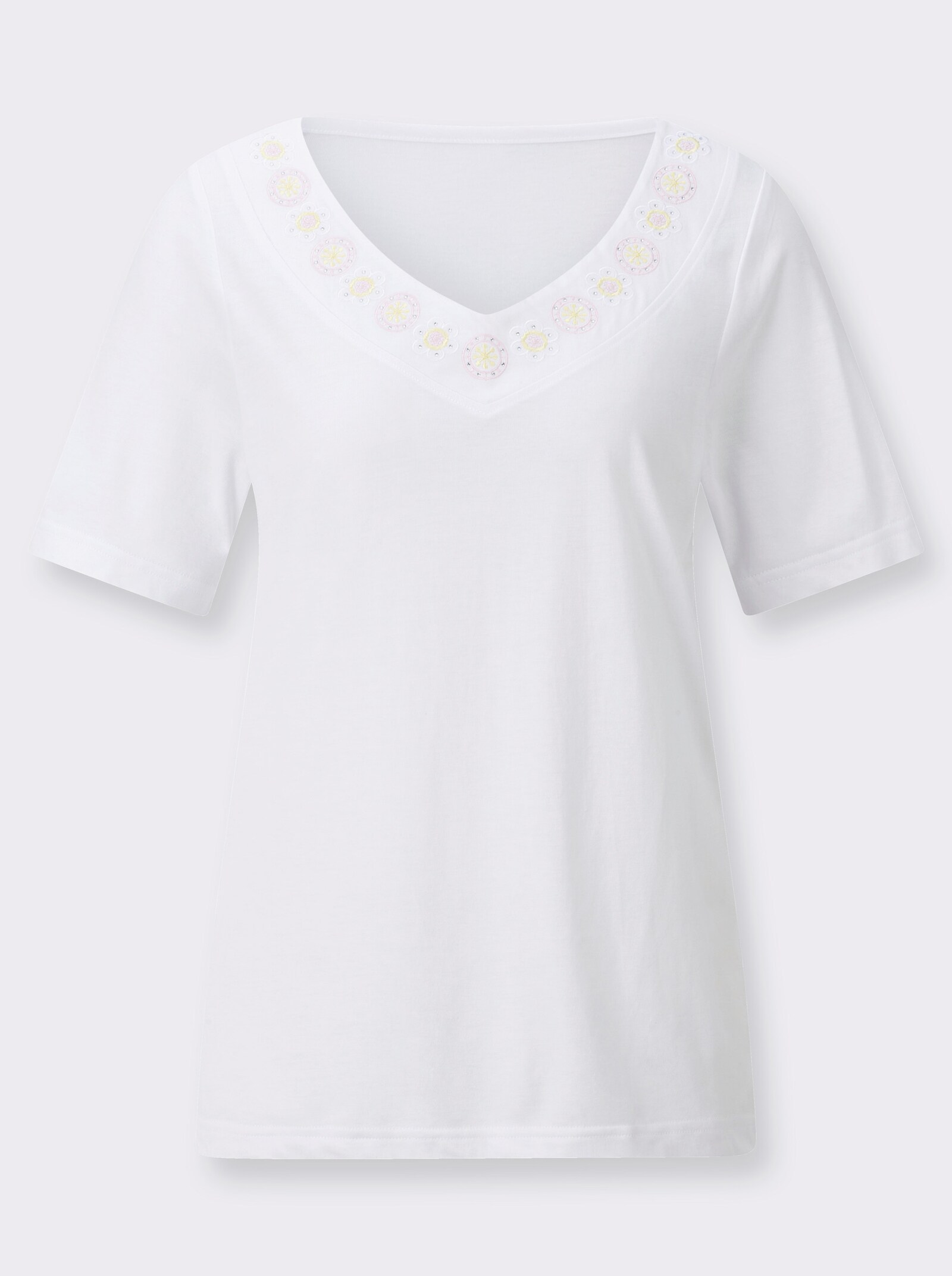 V-Shirt mit Stickereien und Glitzersteinchen - weiß