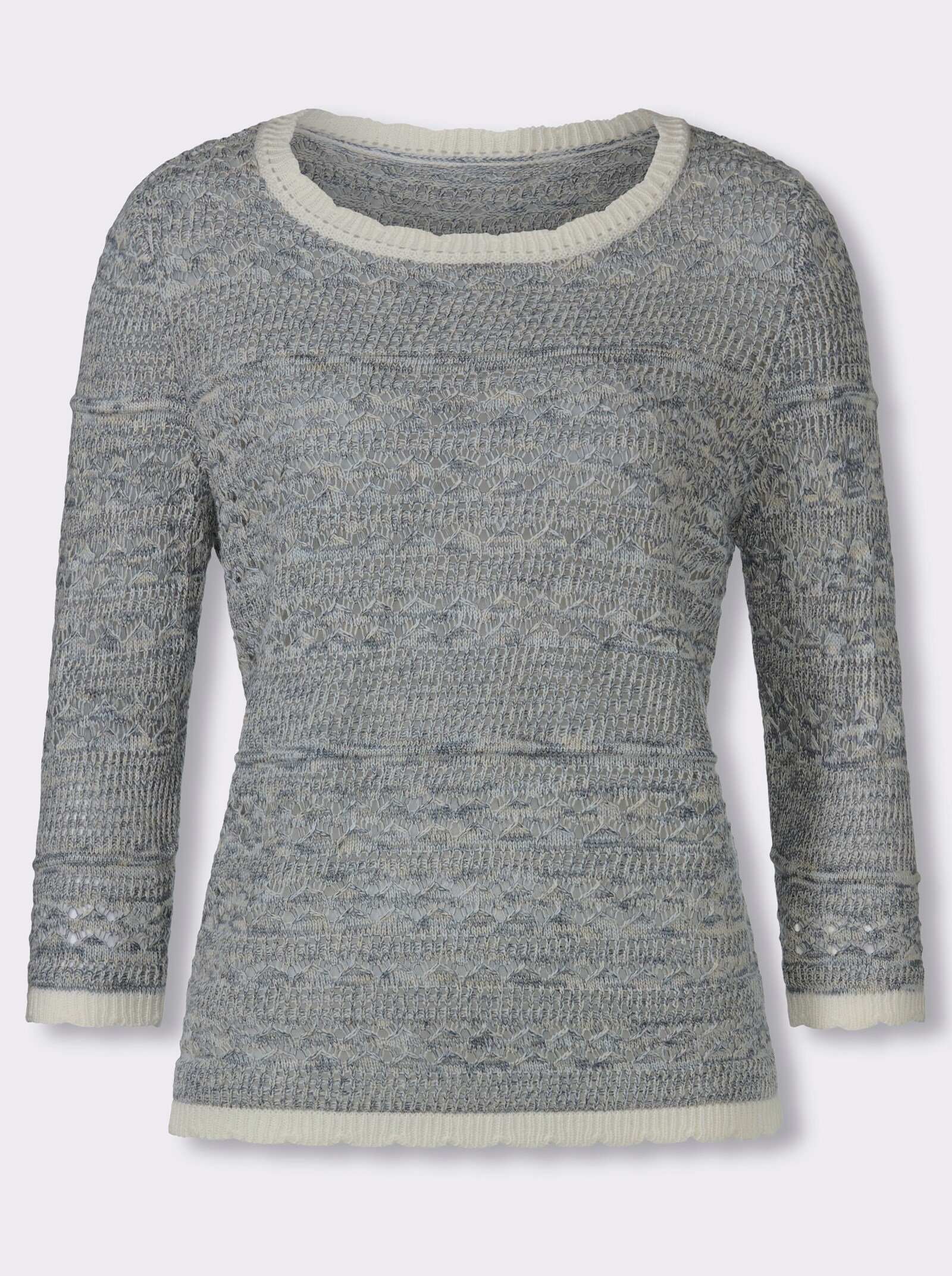 3/4-Arm-Pullover mit gewellten Abschlüssen - ecru-rauchblau-gemustert