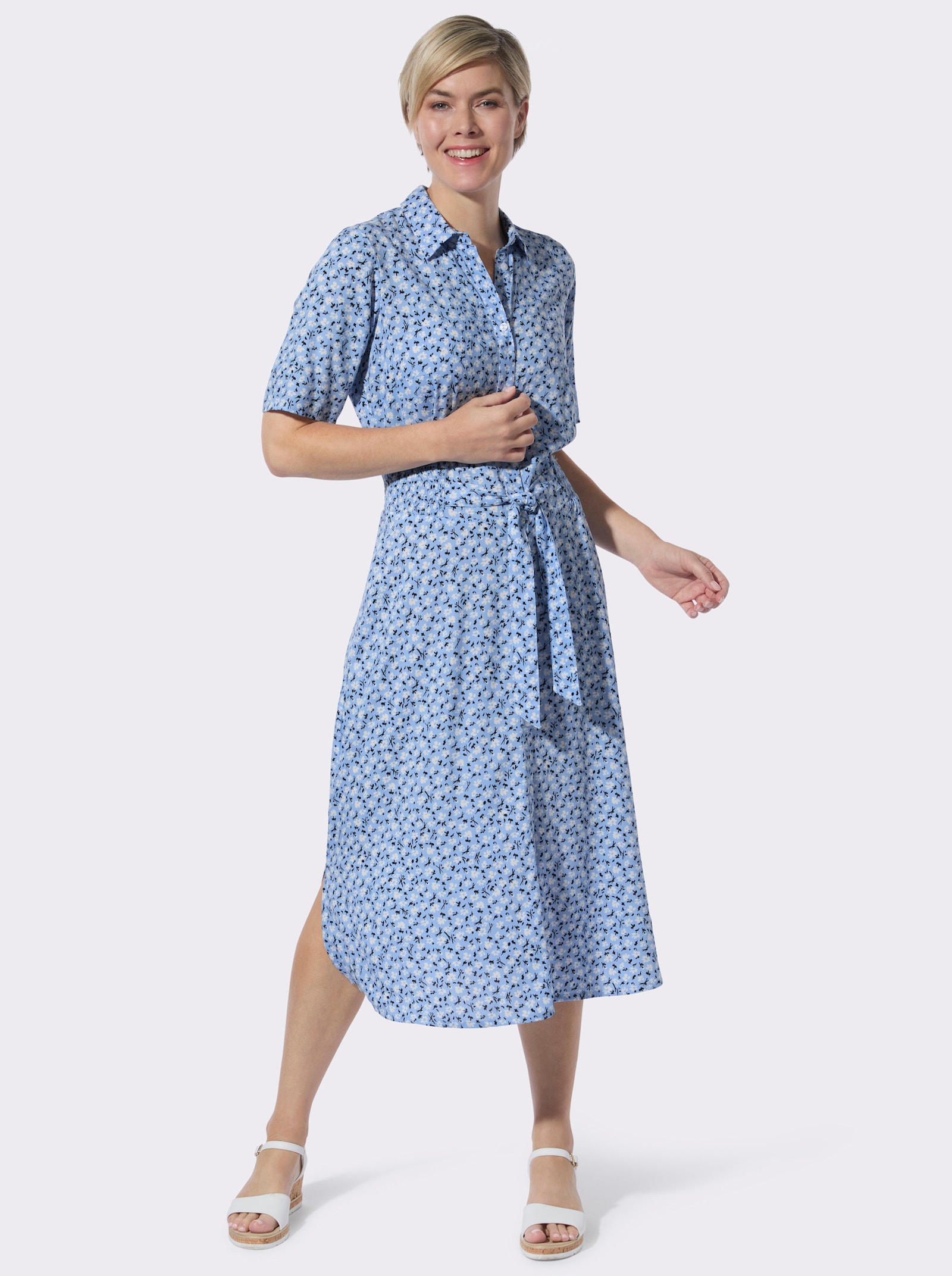 Blusenkleid im floralem Dessin - himmelblau-weiß-bedruckt