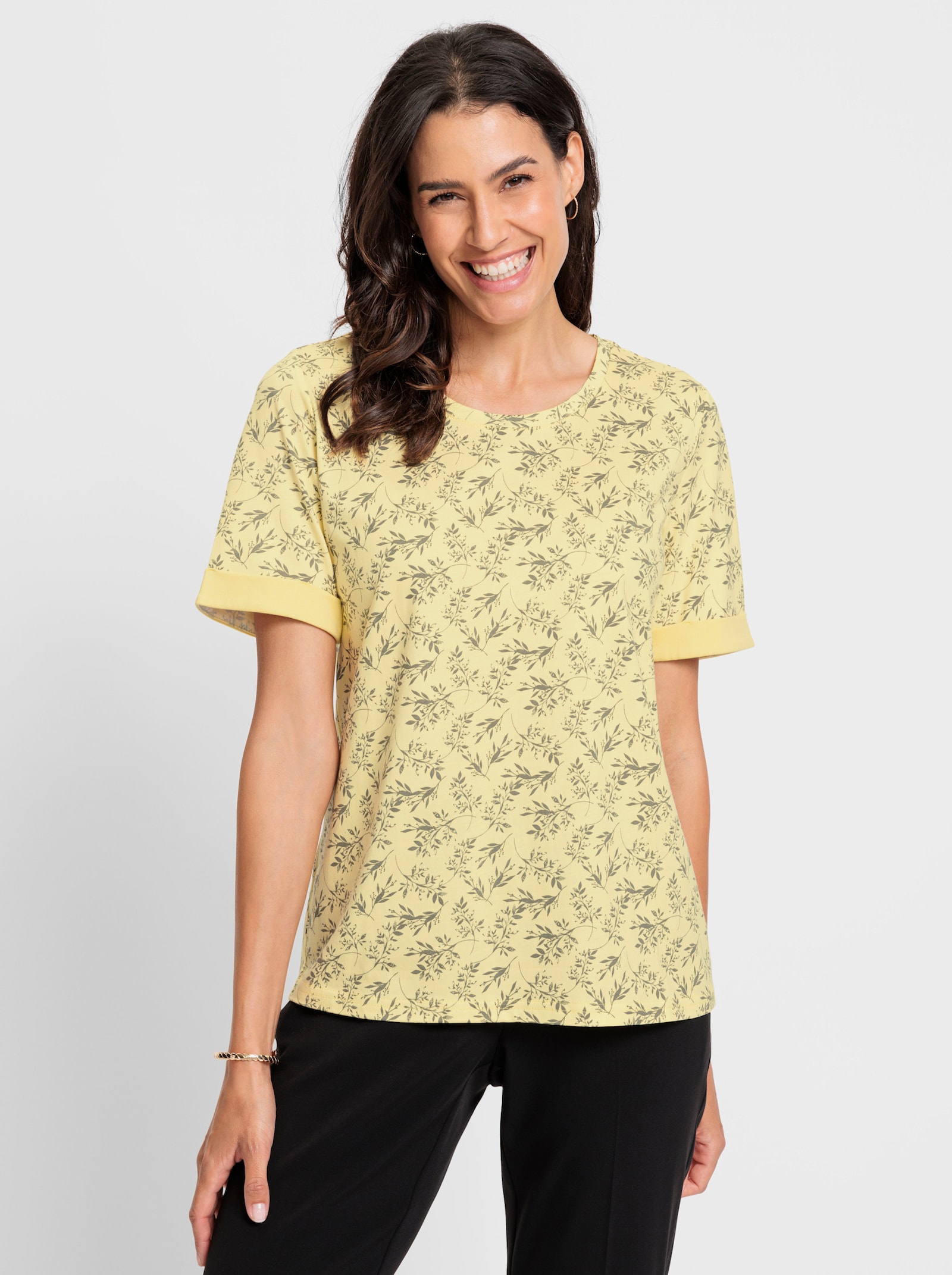 Shirt met print en omslag, effen - citroen bedrukt