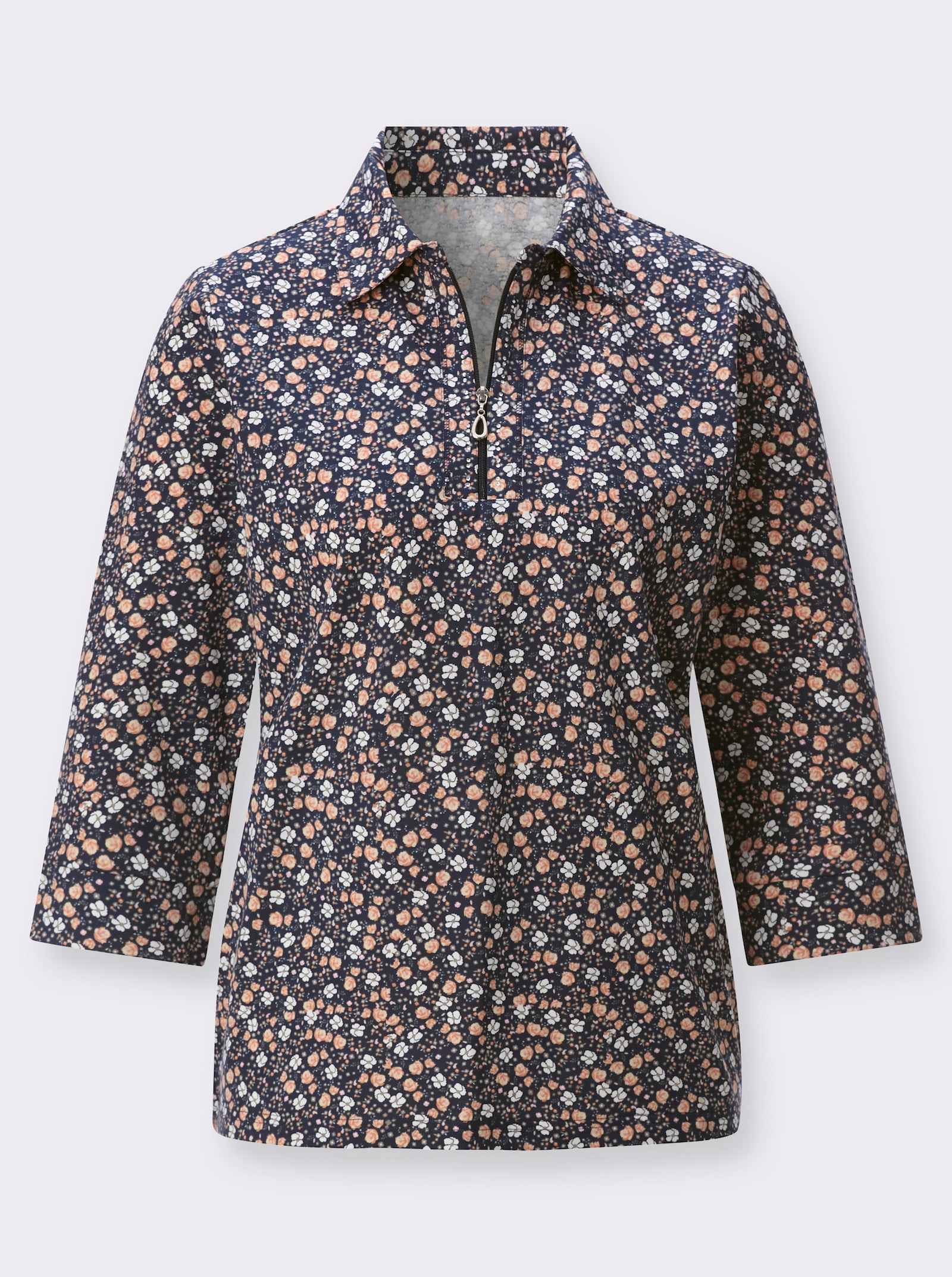 Poloshirt mit Glitzersteinchen - marine-papaya-bedruckt