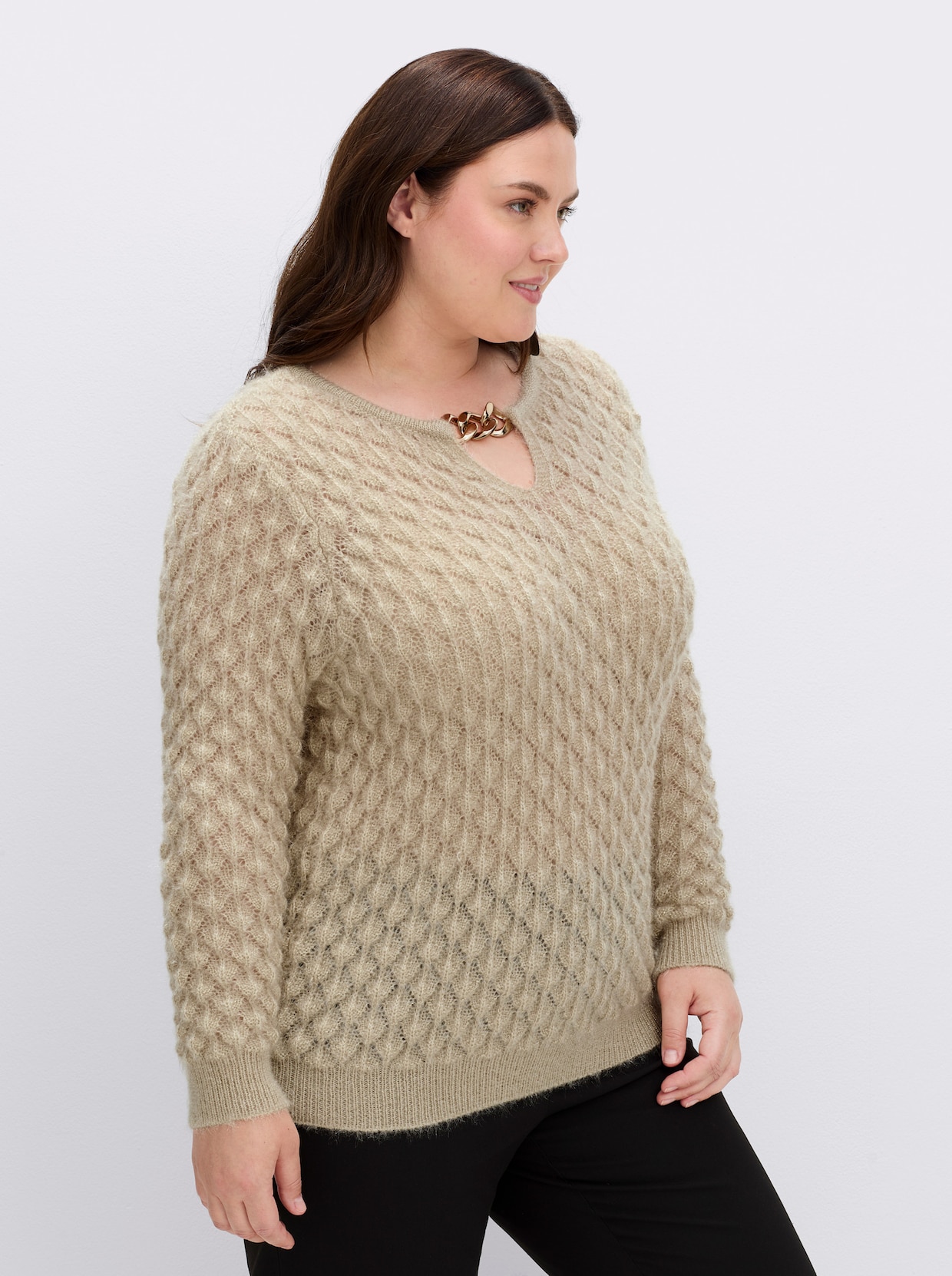 Ajourpullover mit Ketten-Applikation - sand