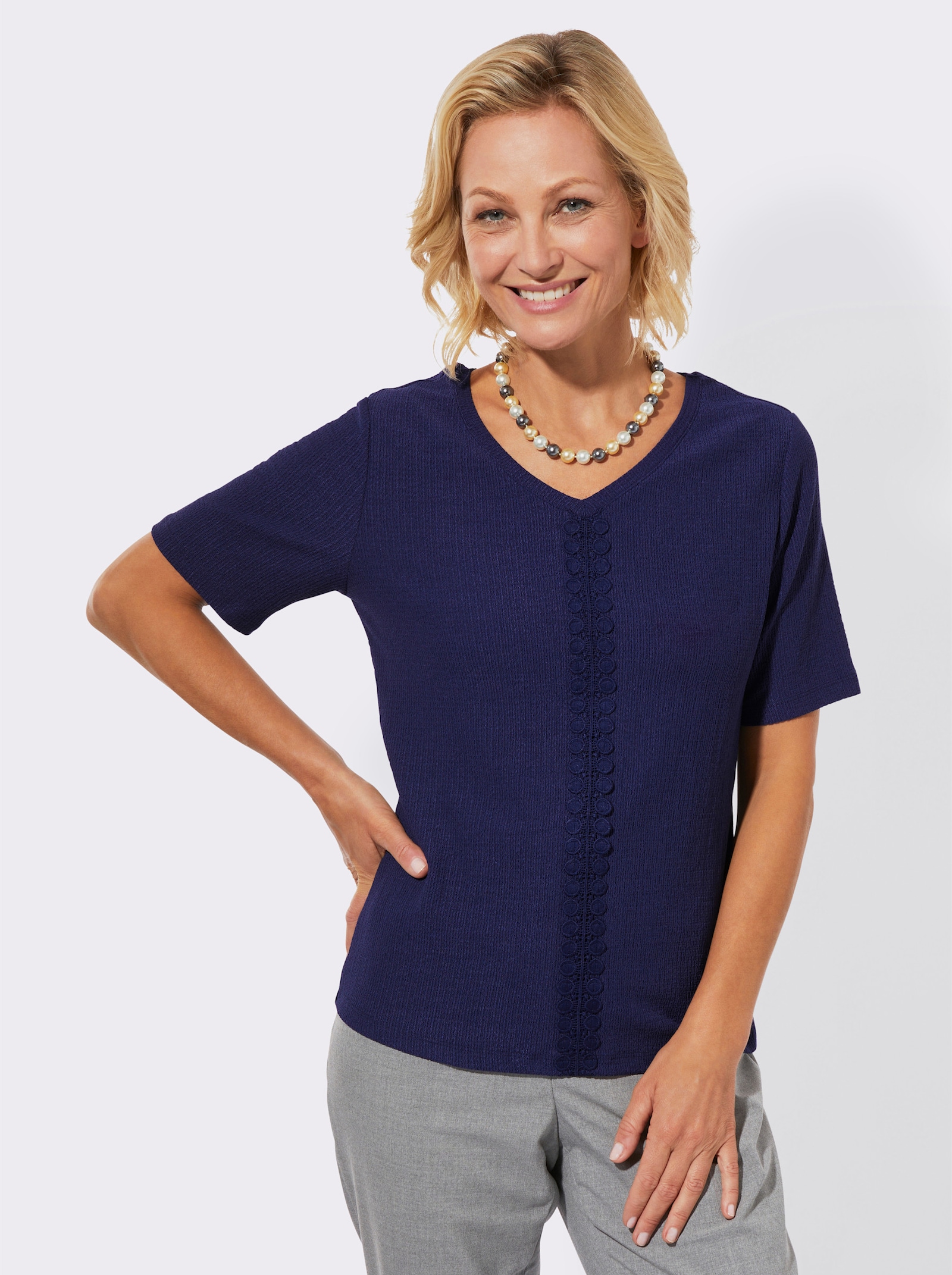 Kurzarmshirt mit Spitzenbesatz - marine