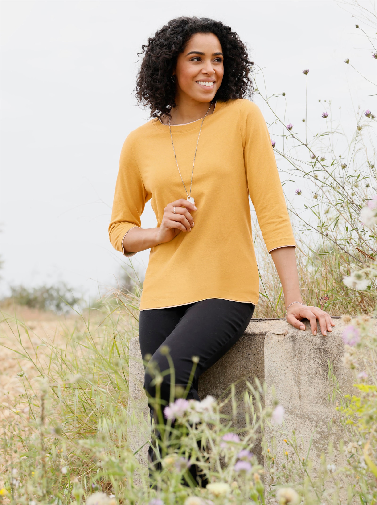 3/4-Arm-Shirt mit Kontrast-Blenden - ocker-ecru-meliert