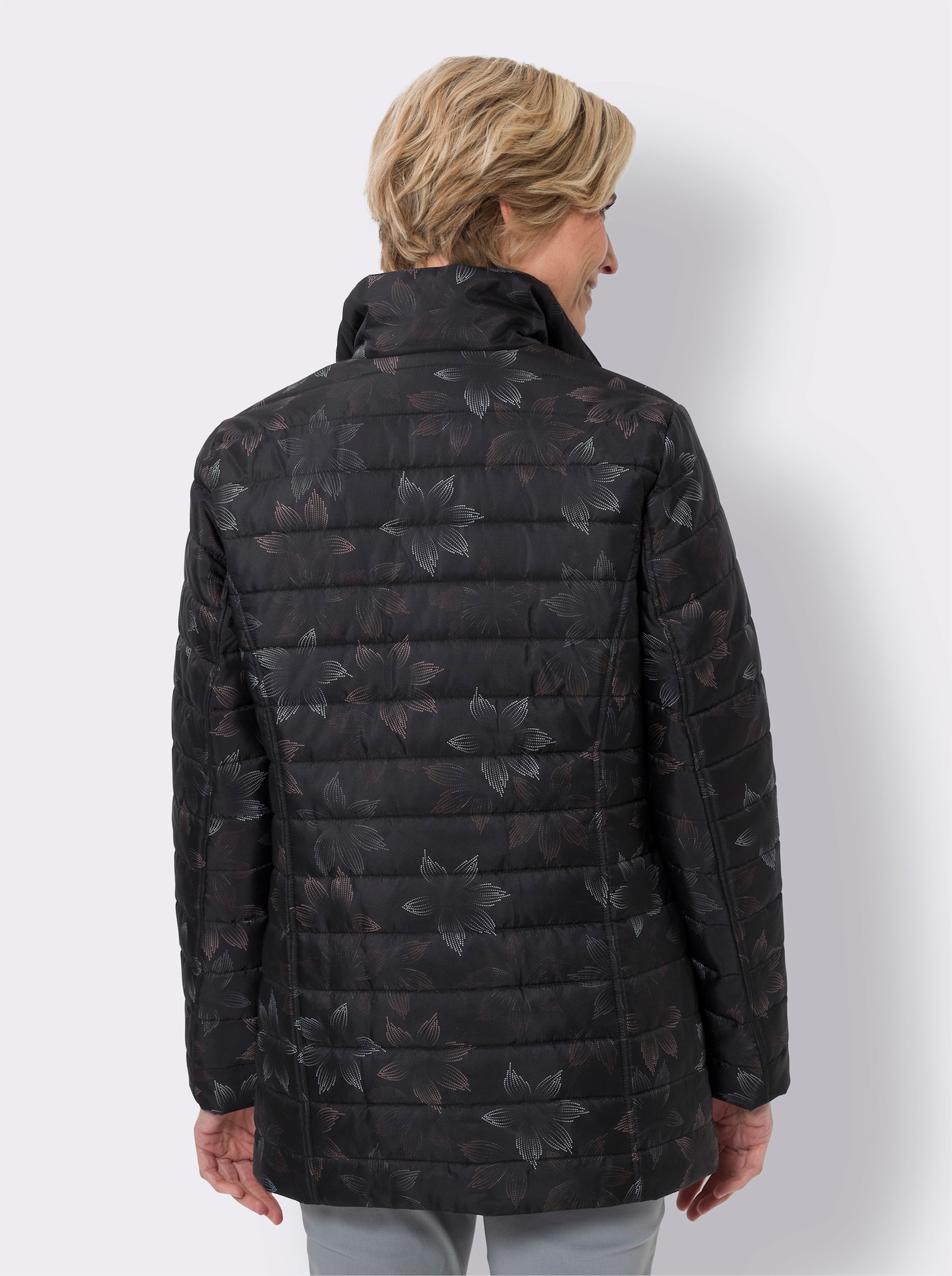 Steppjacke mit Blüten-Muster - schwarz-braun-bedruckt