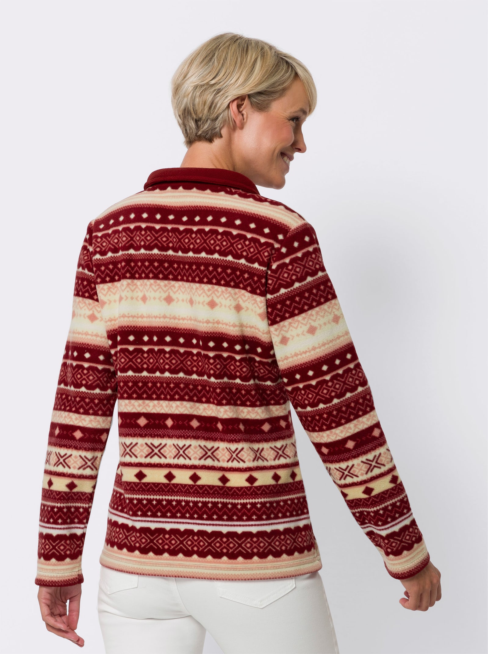 Fleecové tričko v norském stylu - bordó-meruňková-potisk