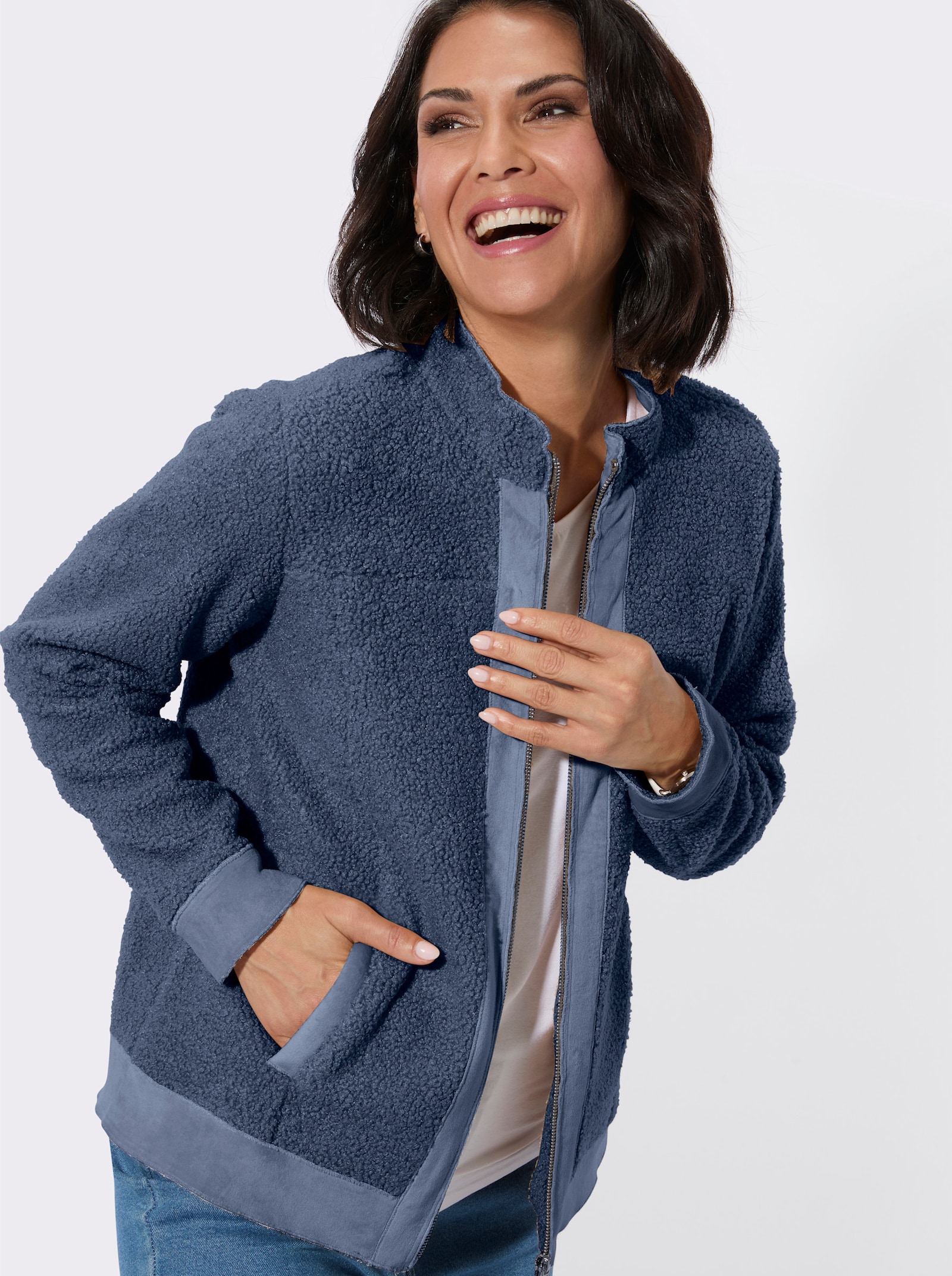 Boucléjacke mit Veloursleder-Opik - rauchblau