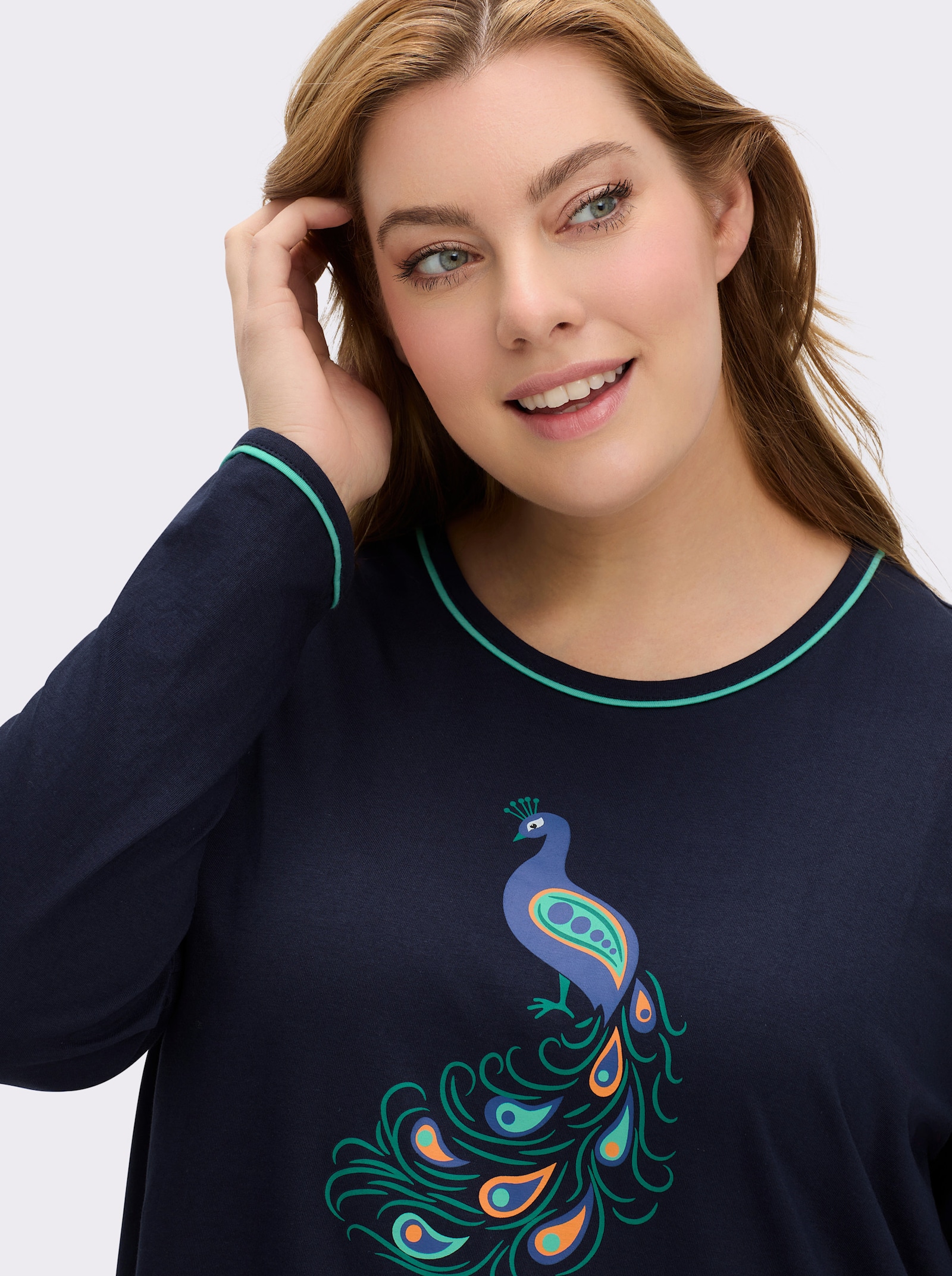 Comtessa Sleepshirts mit Pfau-Motiv - marine-blaugrün-bedruckt