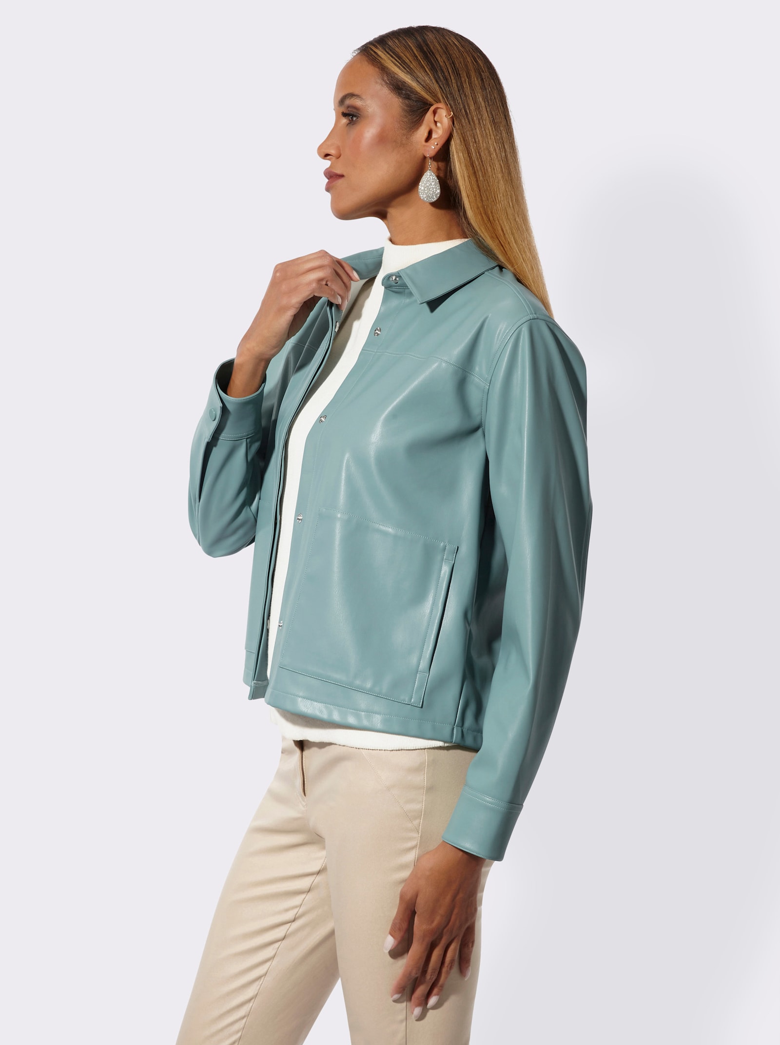 Lederimitat-Blazer mit verdeckter Druckknopfleiste - jade