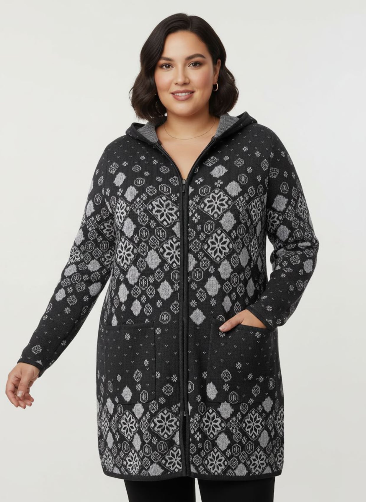 Longstrickjacke - schwarz-gemustert