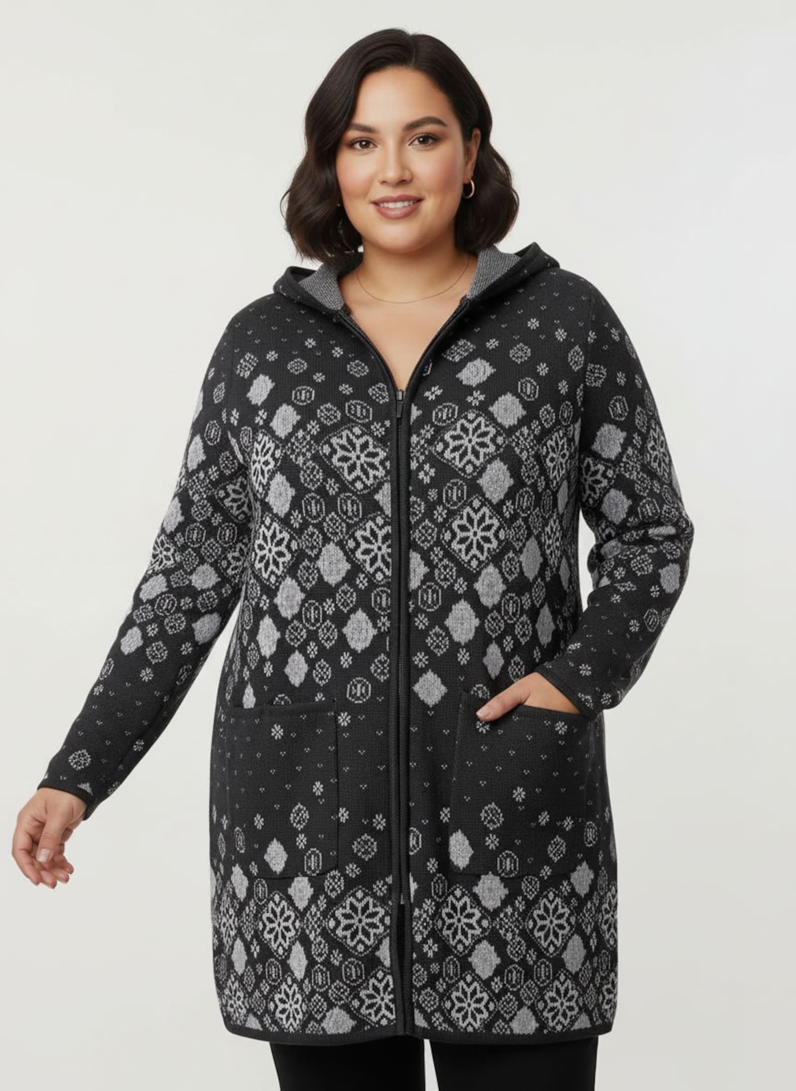 Longstrickjacke mit Jacquard-Strickmuster - schwarz-gemustert