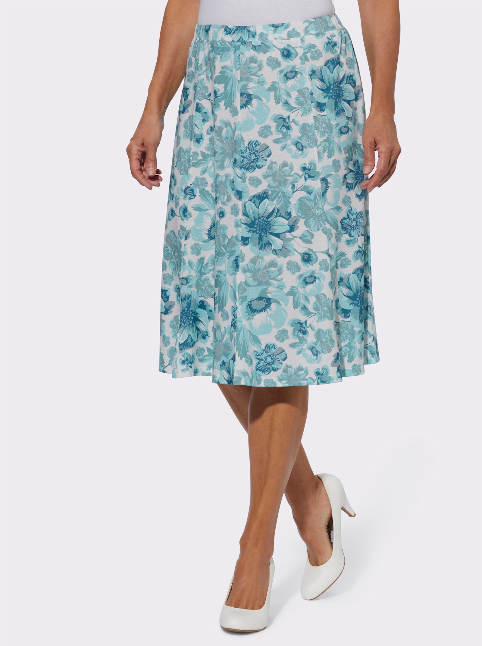 Vårdskuren trikåkjol - gräddvit-jade med tryck