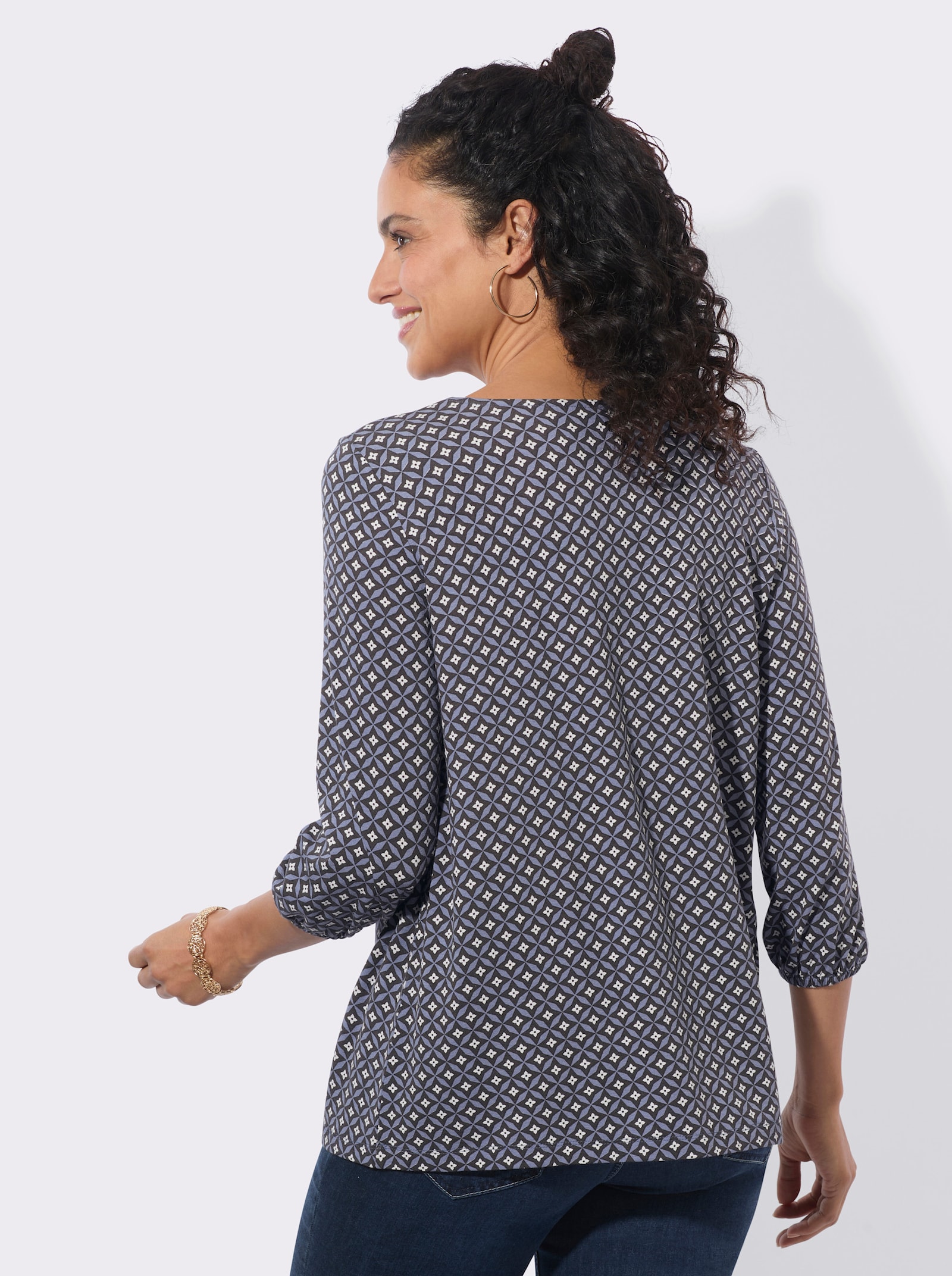  3/4-Arm-Shirt mit Gummizug am Ärmel - taubenblau-graphit-bedruckt