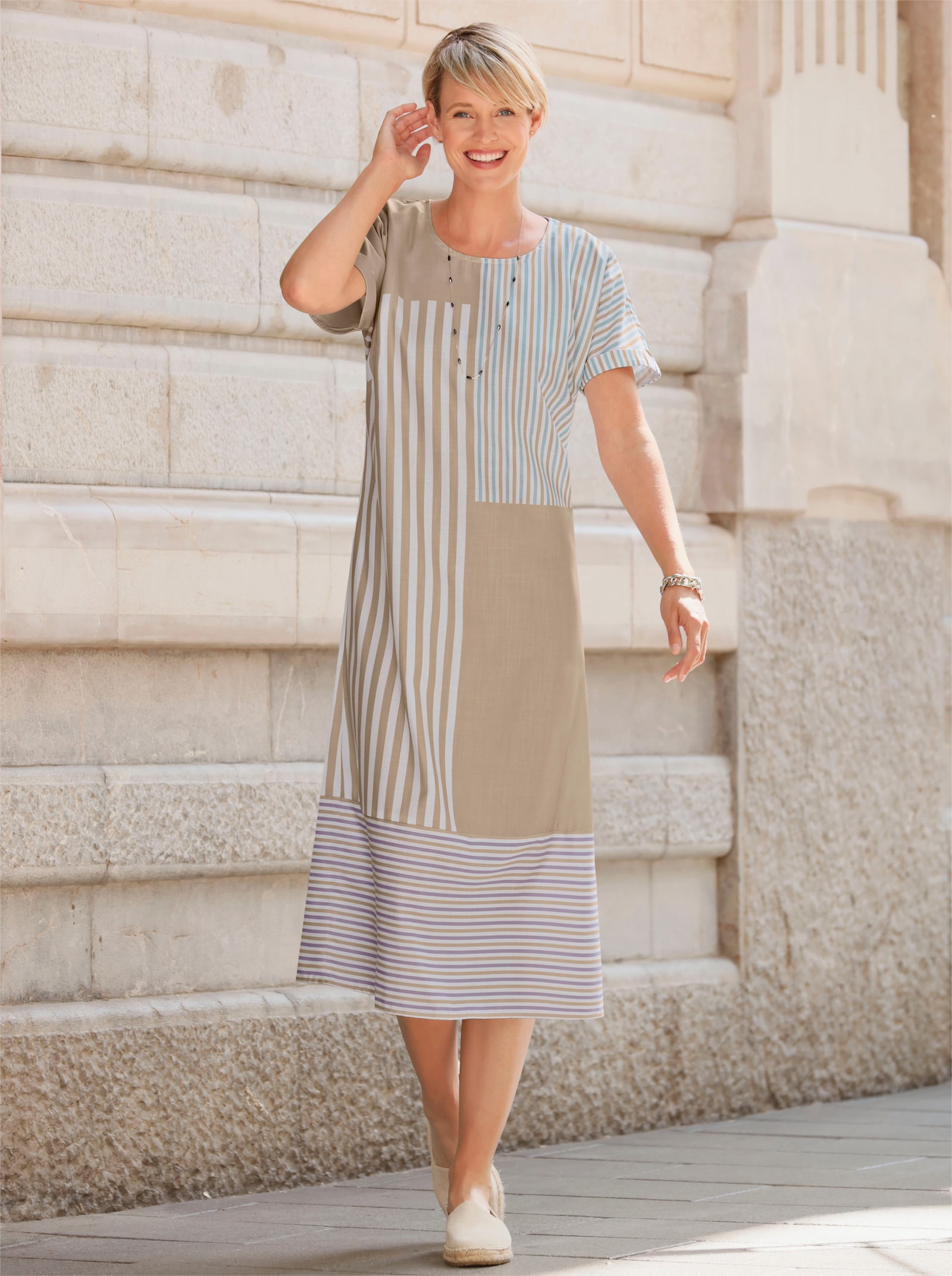 A-Linien-Kleid in Leinen-Optik - ecru-beige-bedruckt