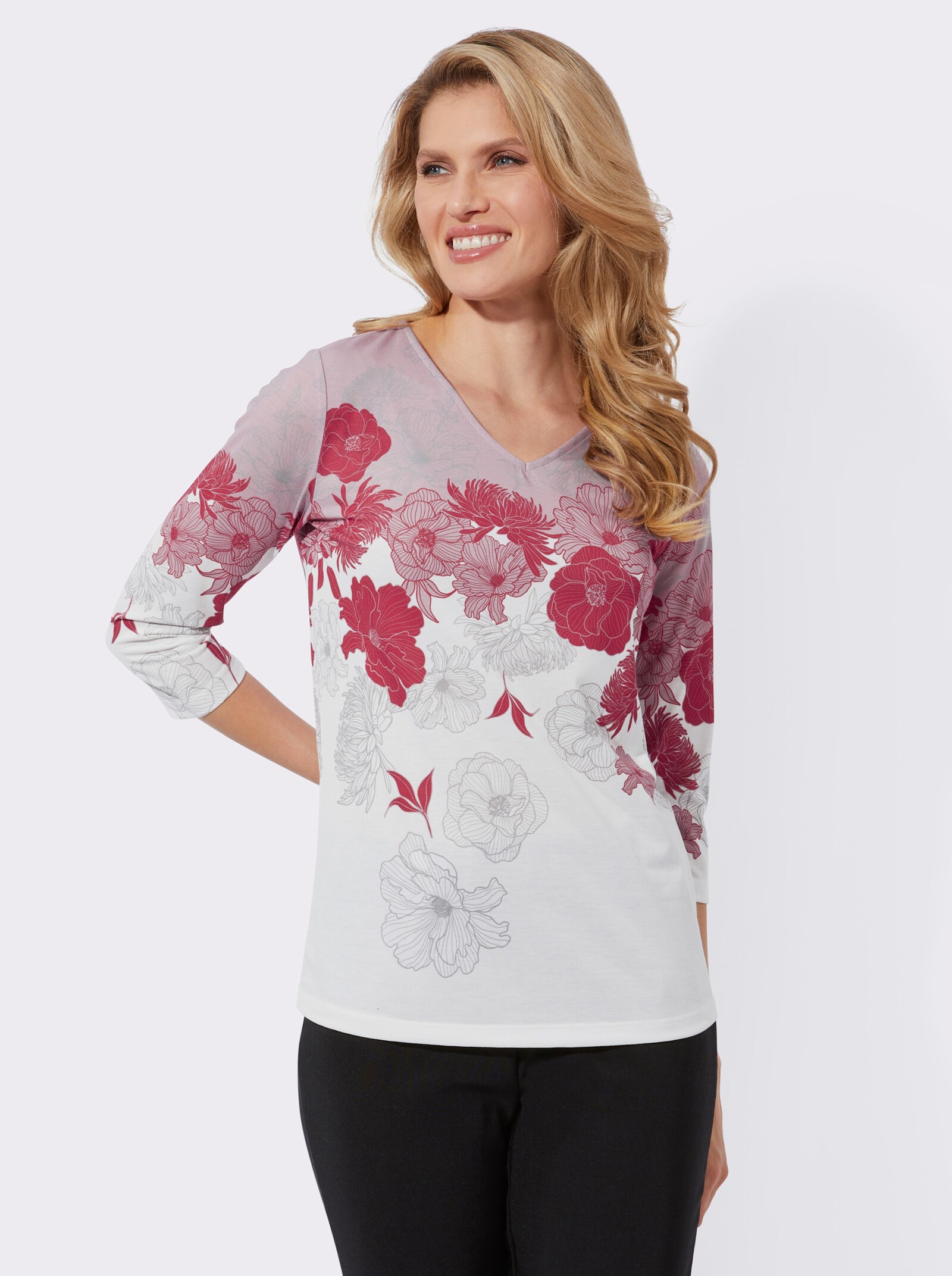 Shirt met 3/4-mouwen en filigrane bloemen - ecru/mauve bedrukt