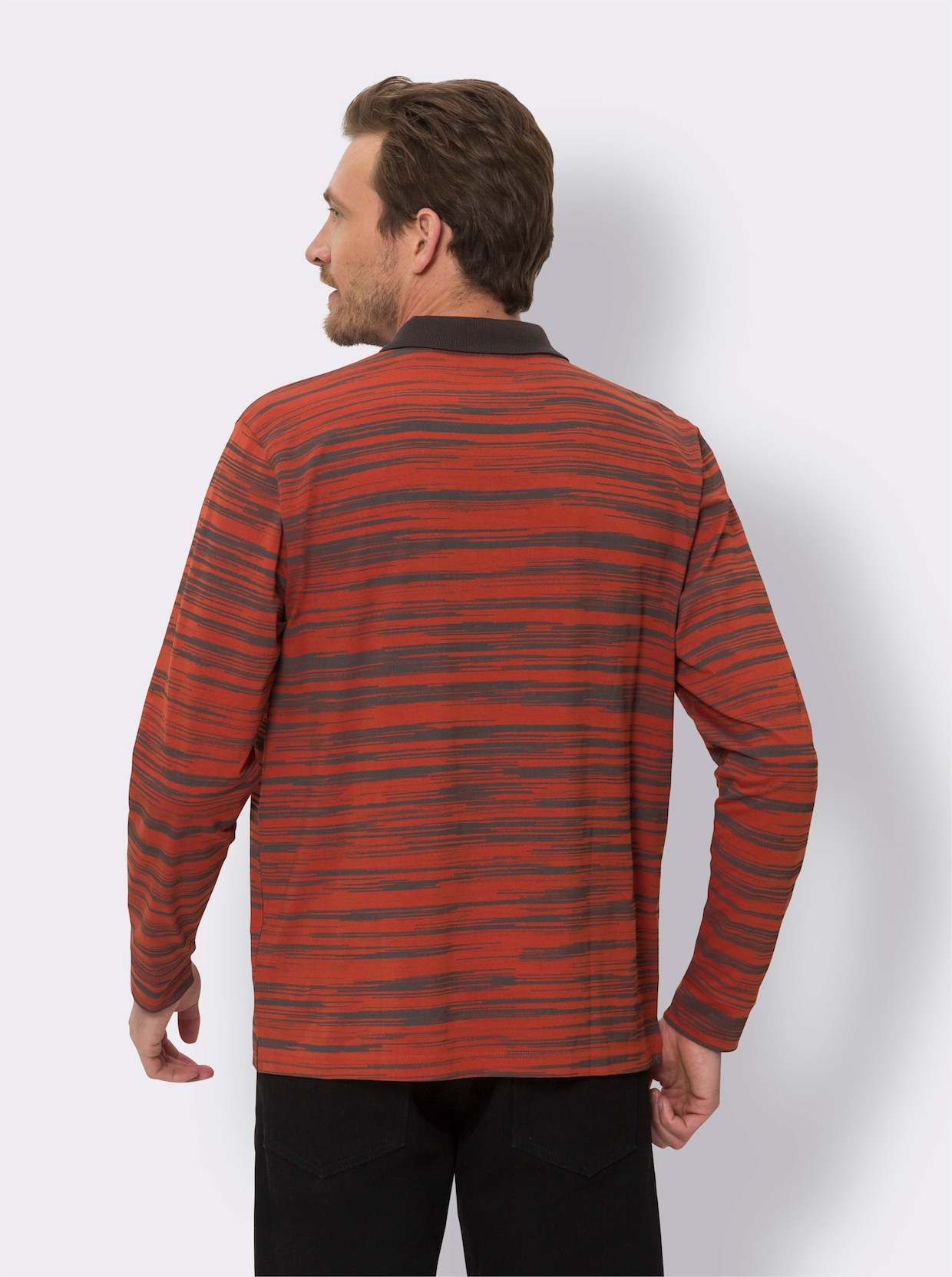 Langarm-Poloshirt - rostrot-graphit-bedruckt