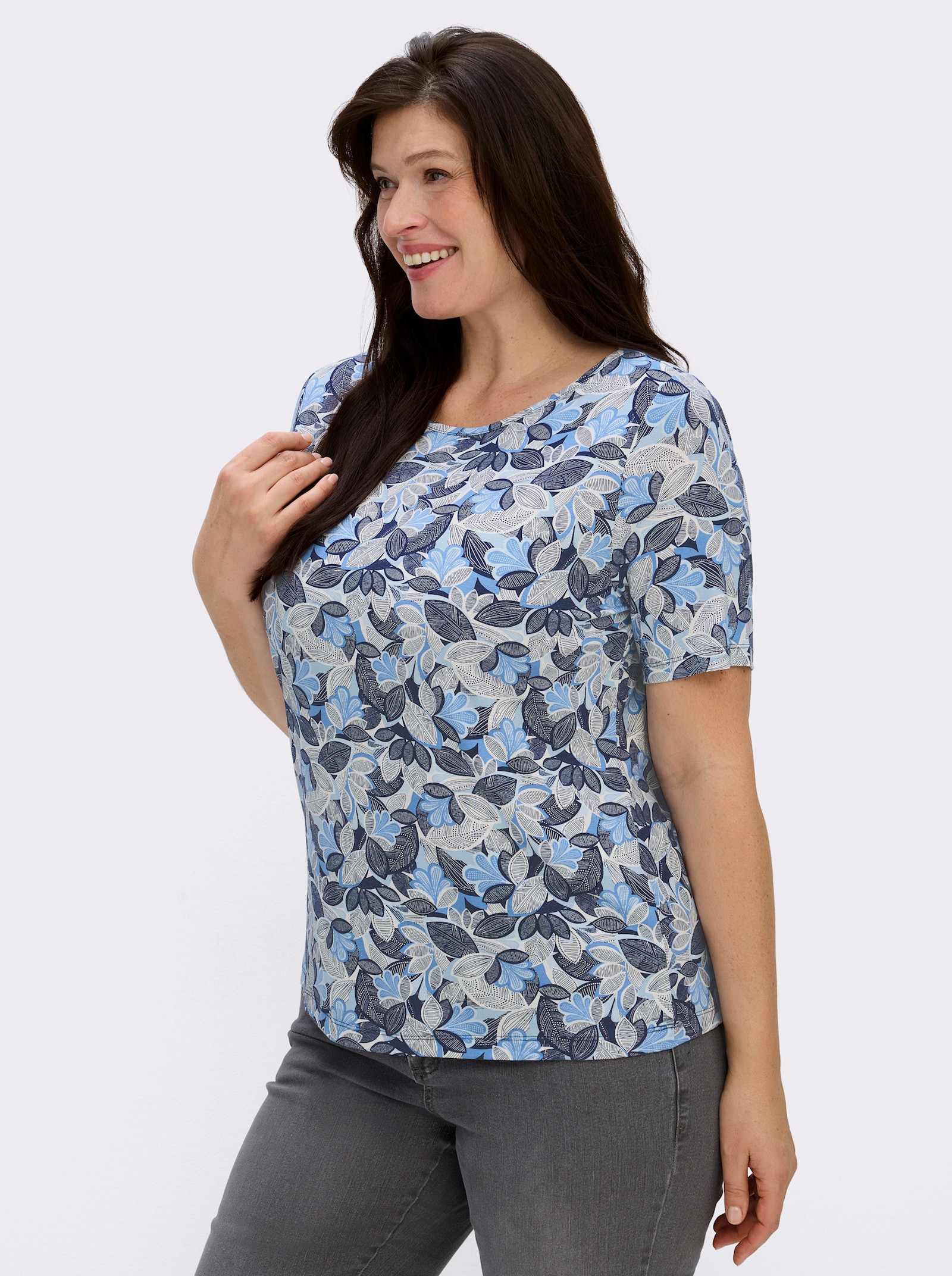 Print-Shirt mit paspeliertem U-Boot-Ausschnitt - hellblau-marine-bedruckt