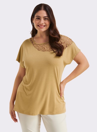 sheego Kurzarmshirt mit floraler Spitze - camel
