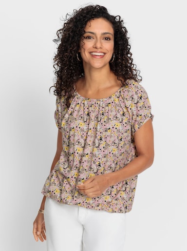 Rundhalsshirt mit elastischem Saum - hortensie-gelb-bedruckt