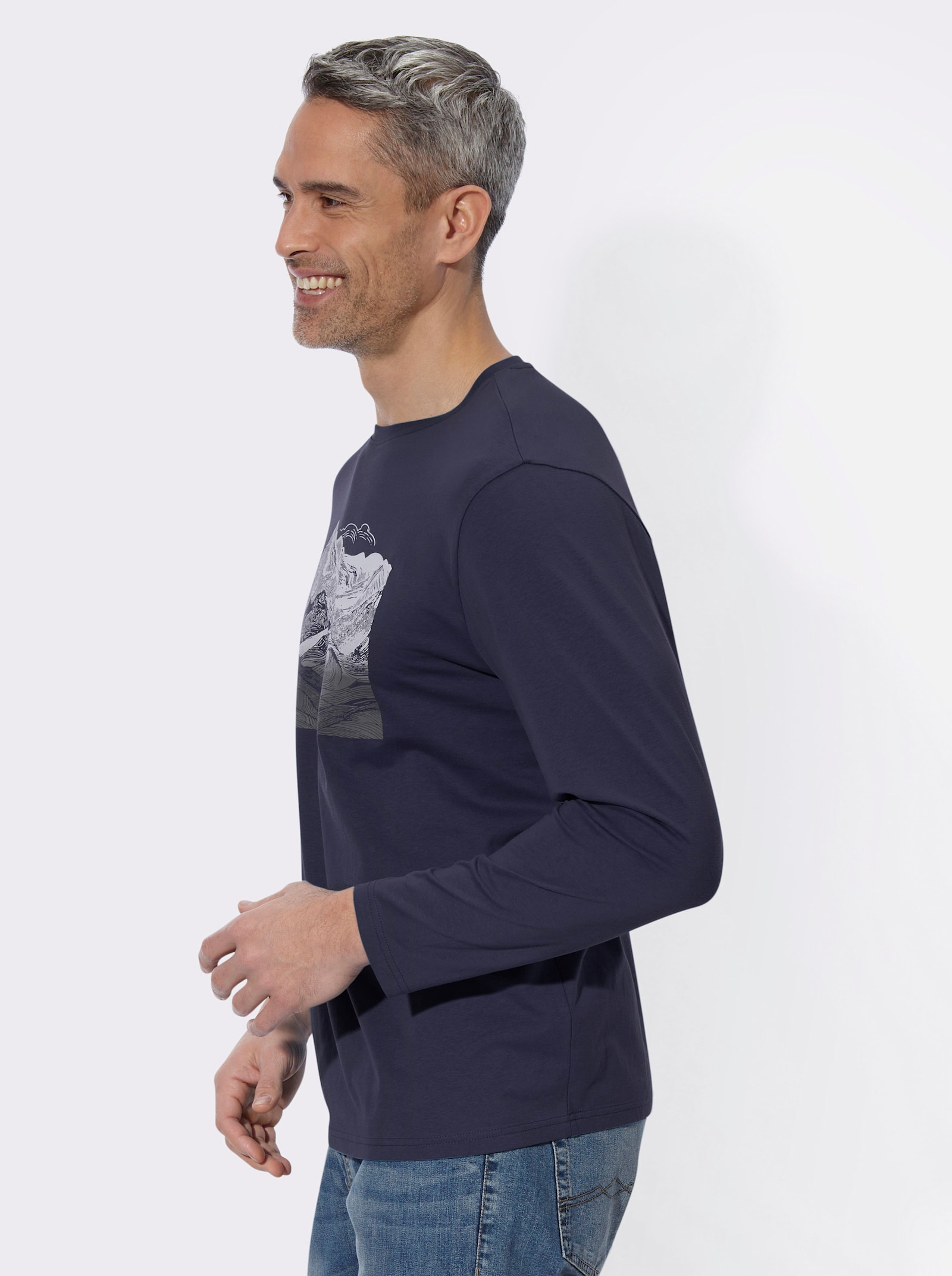 Langarmshirt mit Gebirgs-Druckmotiv - marine